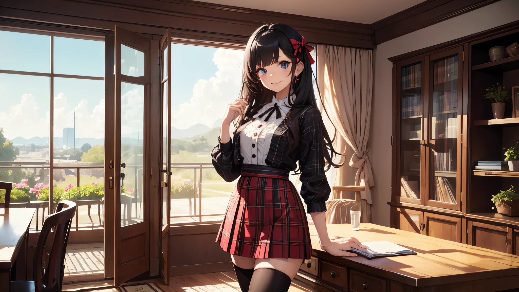 very cute and beautiful girl,(highly detailed beautiful face and eyes:1.2),(smile),(mid shot),
(white blouse with detailed frills),long sleeve BREAK detailed legs,zettai ryouiki,
standing,stylish pose,
dynamic angle,hair ribbon,black hair,hime cut,(scarlet plaid mini skirt)
 BREAK living room,flowers in vase,wooden desk,(bookshelf:0.9),jewelry box,european carpet,distant trees,
(best quality,masterpiece:1.2),(intricate details),highres,1 girl,solo,cinematic scene,hair fluttering in the wind,