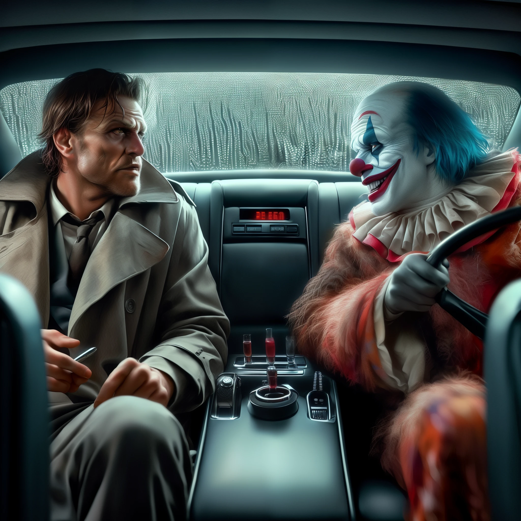 arafed image of a man and a clown in a car, movie still 8 k, from joker (2019), american gods, clowns, cinematic 4 k wallpaper, cinematic 4k wallpaper, netflix, 2022 movie, by Dietmar Damerau, 8 k movie still, cinematic movie image, the creature sits in a car