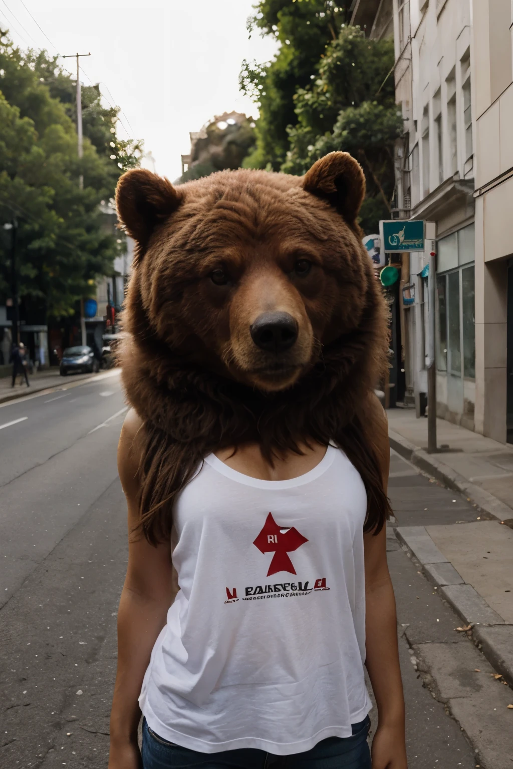 urso marrom ultrarrealista com a bandeira comunista ao fundo. The bear is fierce.