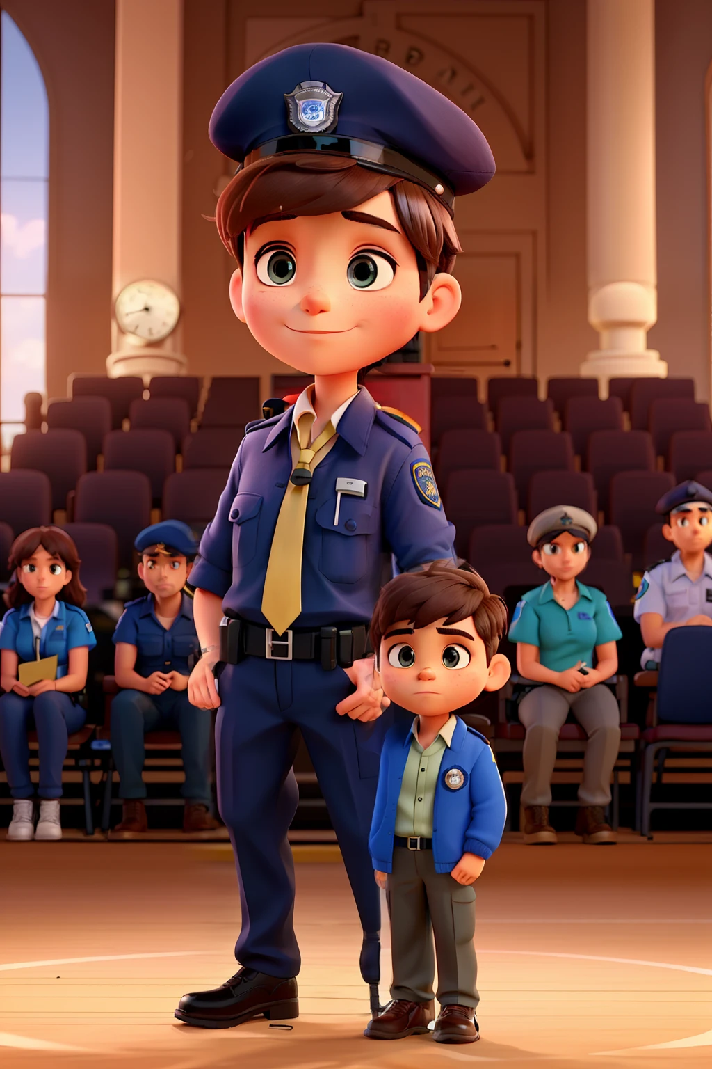 (best quality,realistic),put on a khaki police officer uniform,police hat,police badge,(serious,determined) expression,standing in front of a police car,holding a walkie-talkie,two police officers(slim build)(intimidating look),parked police car with lights on,police station in background,cityscape,night scene,dark and dramatic colors,strong shadows.