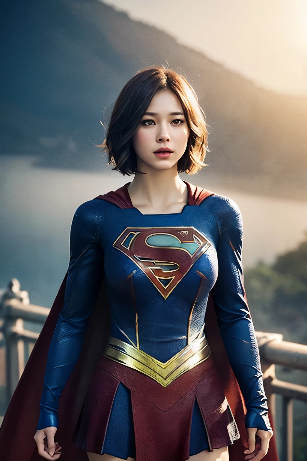 best quality, realistic, photorealistic, award-winning illustration, (intricate details: 1.2), (delicate detail), (intricate details), (cinematic light, Supergirl with extremely sexy short hair