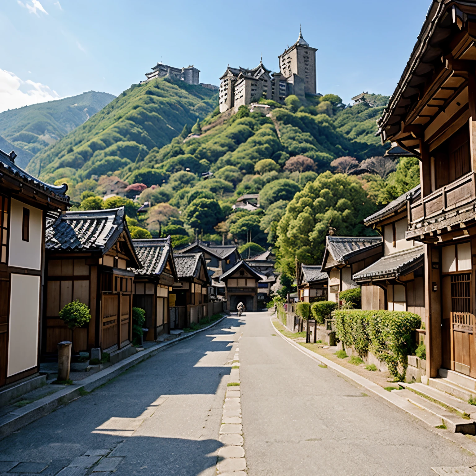 Medieval Japanese townscape　lively city　mountains in the background　castle in the background