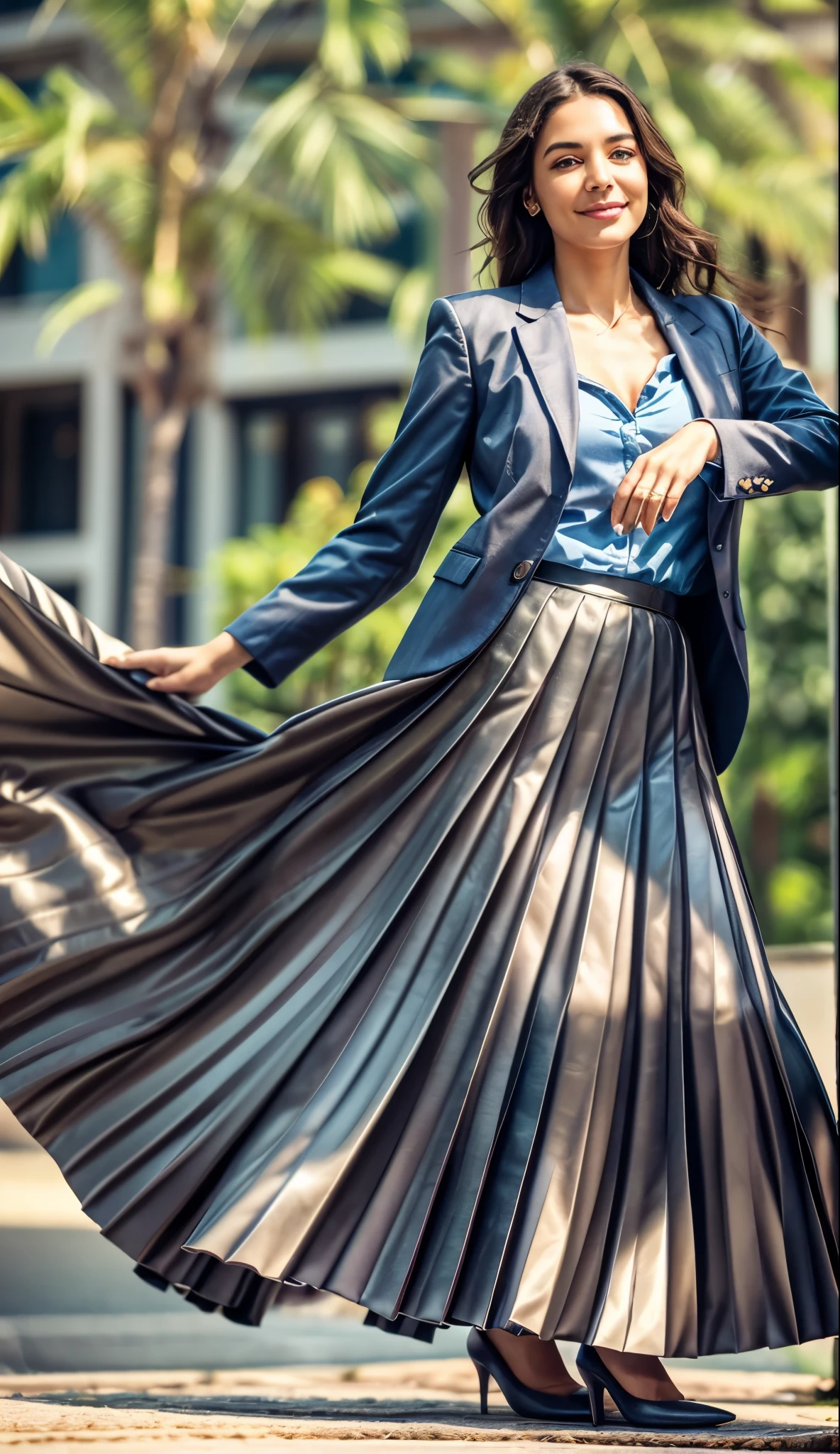 A smiling, authentic, (shy:1,3), kind, beautiful woman, is passionately in love with her skirt, while wind lifts her skirt, wearing short blazer and very very detailed (long (fully pleated) full circle skirt) and (low heeled court shoes), very very intricate hyper-detailed symmetric (attractive graceful young feminine face) with (sad, tired eyes and a loving smile), large breasts, full of empathy and compassion and love, (pronounced (feminine) features), (highly detailed ultra accurate realistic) hands and fingers, (windy), epic composition, highly detailed attributes, (35mm f1.4 Kodak portra 400 photograph), extremely high quality RAW photograph, highly detailed atmosphere, sci-fi, cinematic shot, dynamic lighting, 75mm, Technicolor, Panavision, cinemascope, sharp focus, fine details, 8k, HDR, realism, realistic, key visual, film still, superb cinematic color grading, depth of field