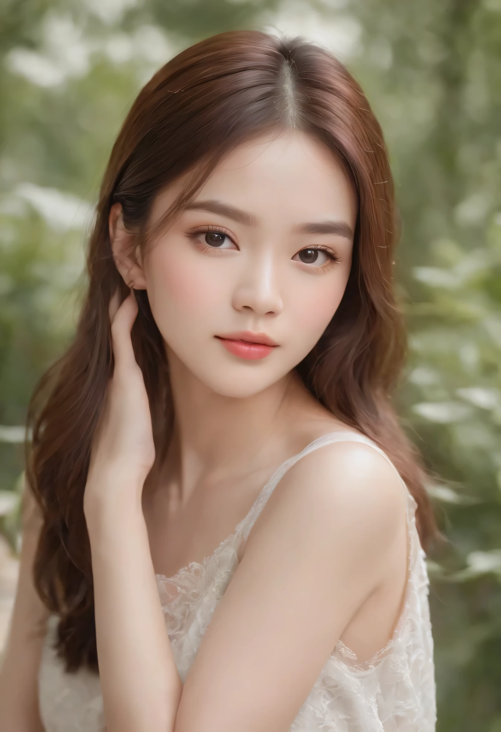 A cute Chinese posing, in the garden, Have beautiful and delicate eyes, lips, and face, Wearing a delicate bracelet on her wrist. The scene was captured using the medium of oil painting, resulting in high resolution, super detailed, 和Lifelike image quality. The overall tone of the work is soft and warm, Has soft and dreamy lighting effects. The top-level topic is described as:Cute nude poses in the garden,Have beautiful and delicate eyes,Lip color and facial expressions are extremely delicate。She wears a delicate bracelet on her wrist。The picture adopts oil painting medium,Display high resolution、Super detailed、Lifelike image quality。The overall tone of the work is soft and warm,Has soft and dreamy lighting effects。