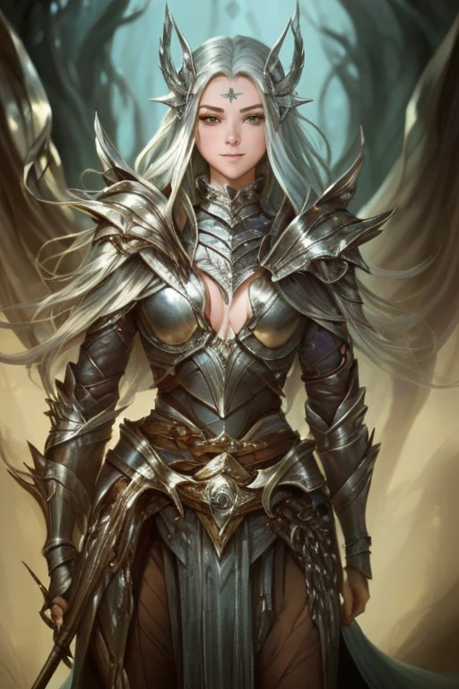 realistic, ((masterpiece)), ((best quality)), (detailed), cinematic, dynamic lighting, soft shadow, detailed background, professional photography, depth of field, intricate, detailed face, subsurface scattering, realistic hair, realistic eyes, photo of a beautiful woman, woman spikyarmor, wearing spiky woman armor, spikes, medieval, fantasy, shiny reflective metal, dynamic pose, holding weapon, silver hair, (40 years old)