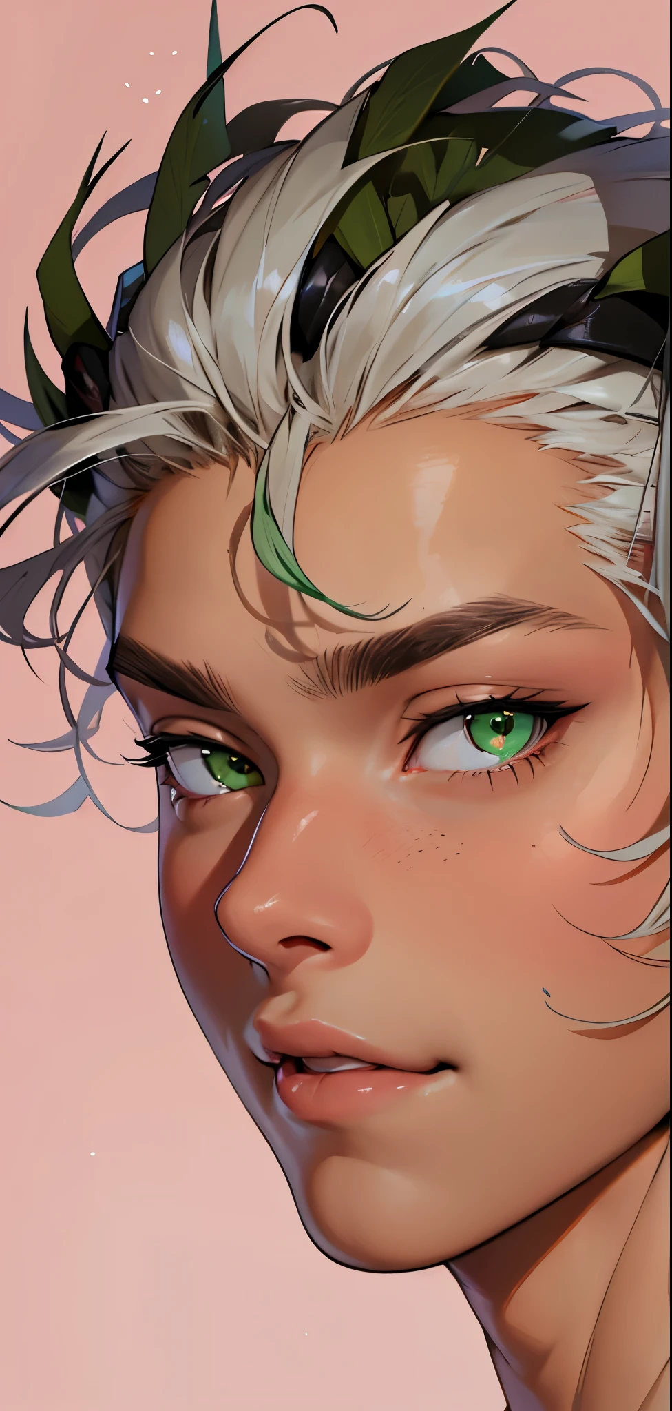 es un chico de ojos verdes cabello blanco esta hablando y sonrriendo con burla y malicia tiene ojos picaros y malvados