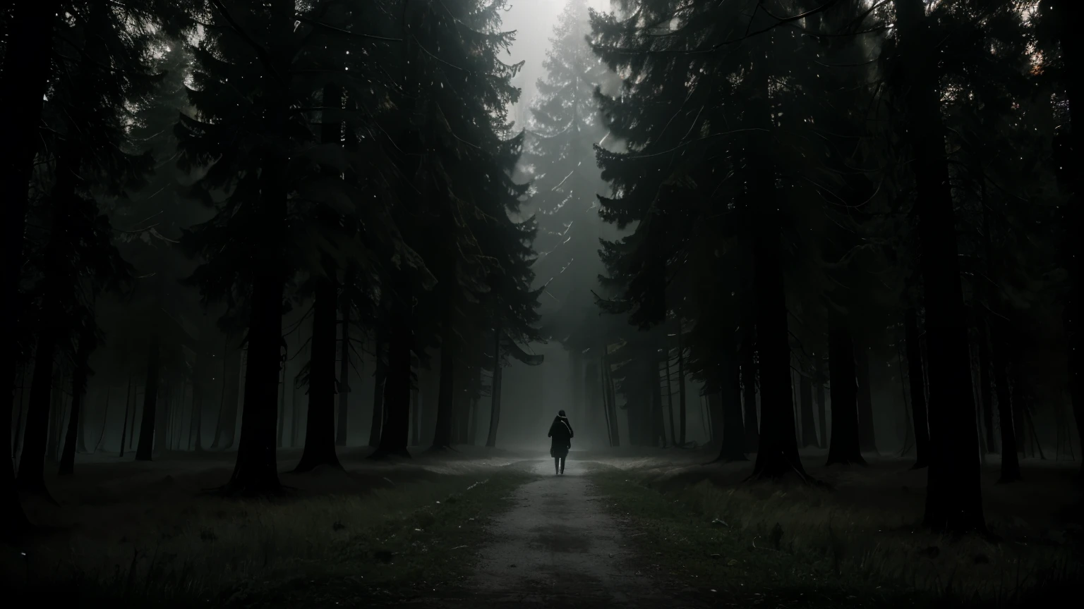 Create an image of a dark, gloomy forest where an empty forest path is lost in the fog. The ominous shadows of the trees, barely breaking through the light fog, create an atmosphere of mystery and the unknown. Emphasize the mystery of this place, making the viewer feel the weight of tree silhouettes and the cold breeze.