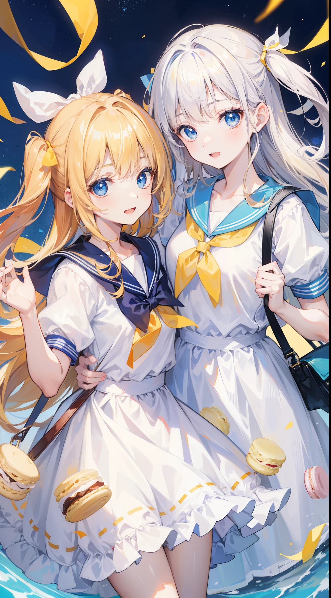 32k, ong hair, looking at viewer, smile, open mouth, bangs, blue eyes, multiple girls, blonde hair, dress, ribbon, holding, 2girls, hair ribbon, short sleeves, :d, food, sailor collar, bag, white dress, two side up, twins, yellow ribbon, macaron,