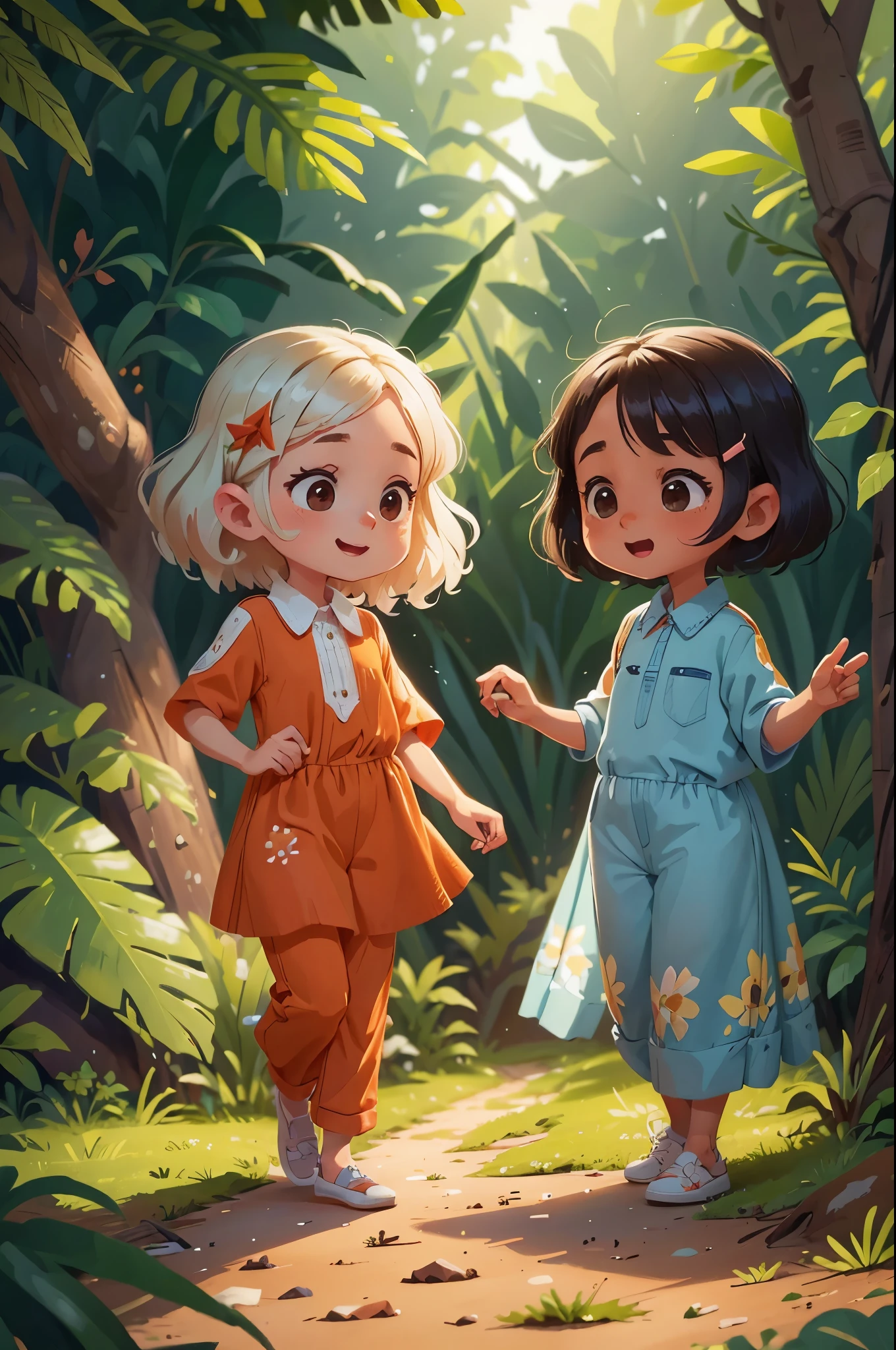 Just two 5 year olds, passeando na floresta, sorrindo, feliz, visual deslumbrante, floresta encantada. A primeira de Cabelos Loiros e cacheados, formando pequenos cachos delicados ao redor do rosto. Olhos Azuis, brilhantes e expressivos. pale and delicate skin. Estilo de roupa Geralmente usa roupas coloridas e alegres, como vestidos com estampas divertidas ou conjuntos com desenhos animados, The second , de Cabelos Morenos, lisos e curtos, reaching up to the shoulders. Olhos Pretos, grandes e curiosos. Pele Morena e suave. Clothing style Prefer comfortable clothes, like jumpsuits or relaxed sets, muitas vezes com cores vivas. Floresta ao fundo, cachoeira. desenho animado, 4k, detalhes