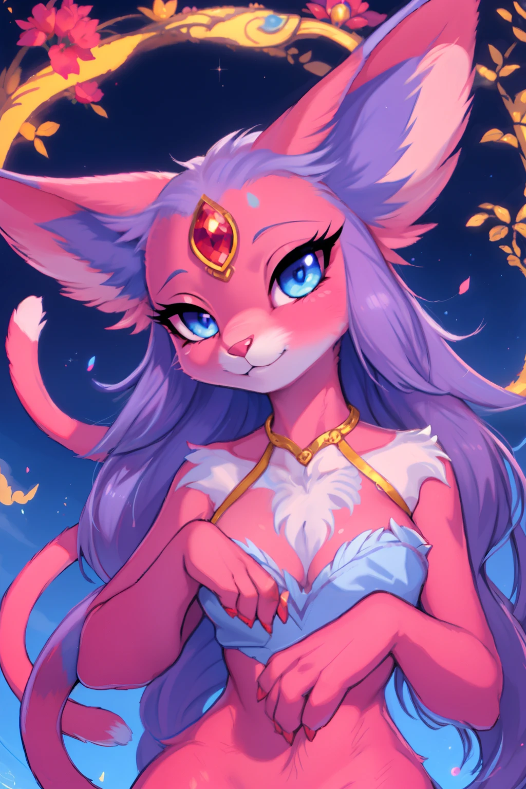 a drawing of a cat with long hair and a red crystal in forehead, vivid sky blue eyes, portrait of a furry cat, espeon,pallid pink fur, very very beautiful furry art, furry fantasy art, espeon from pokemon,hioshiru art style, anime cat, furry art, anthro art, furry art!!!, beautiful anime catgirl, anthro cat, art of silverfox, fursona art, very beautiful anime cat girl, 5 fingers cat paws,light from behind,thin waist,slim cat girl,espeon:1.3, long and tight qipao(skye blue qipao with red and gold floreal themes),highly details,8k,posted on e6ai,high pixels resolution,