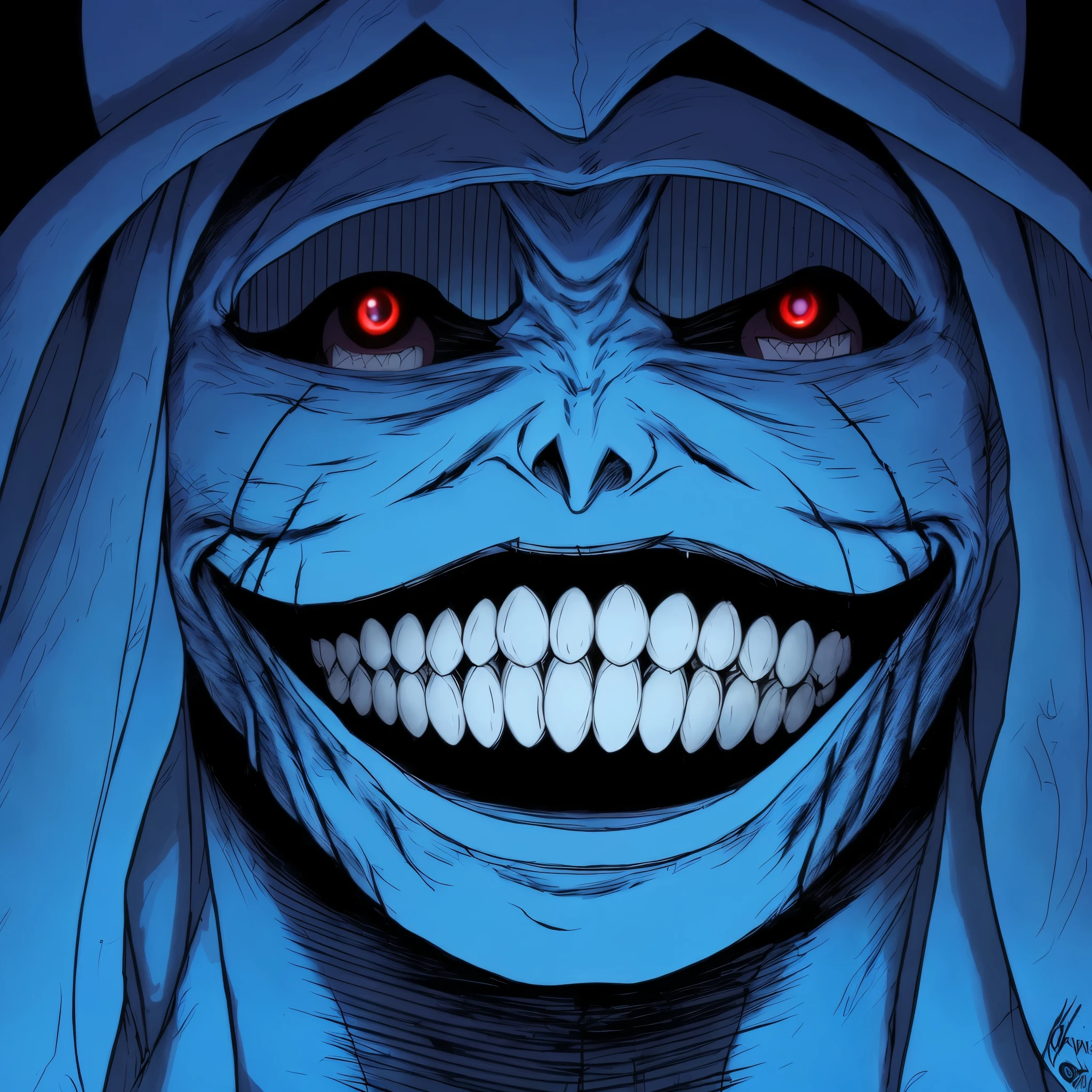 a close up of a cartoon character with a creepy face, evil smile and glowing eyes, evil grin, wide evil grin, horror smile, malevolent smile, scary smile, evil villain grin, horrifying grin. horror, grinning sinisterly, wicked smile, wicked grin, evil smile, slasher smile, glowing-eyes-and-mouth