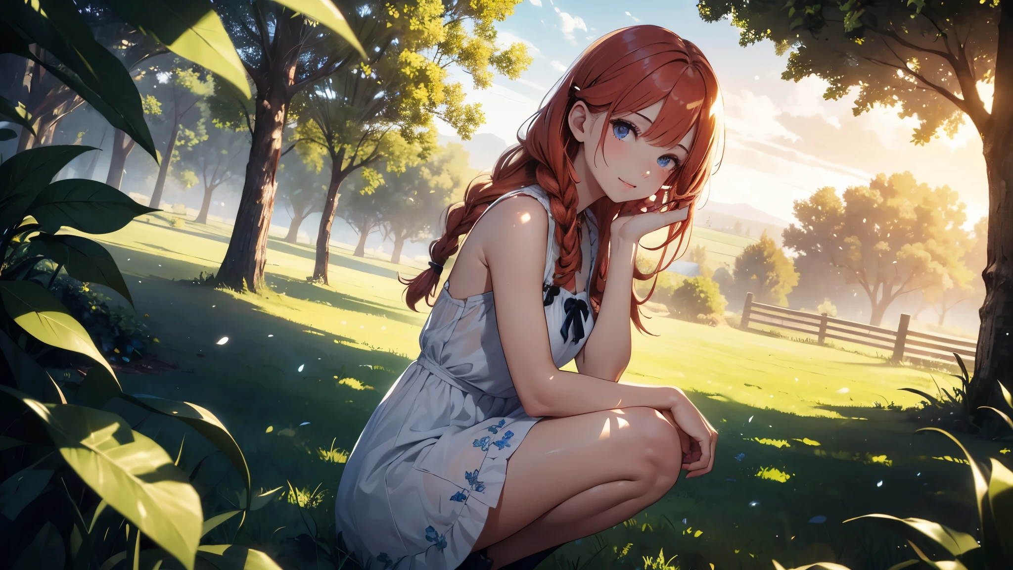 ((masterpiece,best quality,ultra detailed,ultra high res,detailed country yard background)), soft realistic focus, dynamic shadows, realistic image, vibrant colors,light leaks,dreamy atmosphere,chiaroscuro,BREAK 
experimental charm, The girl is depicted in full growth, you see the girl from head to toe, nostalgic appeal, country girlfriend, she take you with yourself, simple open short dress, soft mischievous smile, freckles, shiny light red hair, she will take your hand, thick braids, And you, you changed my life but now you gone, In my heart you were the one, But now, now your gone