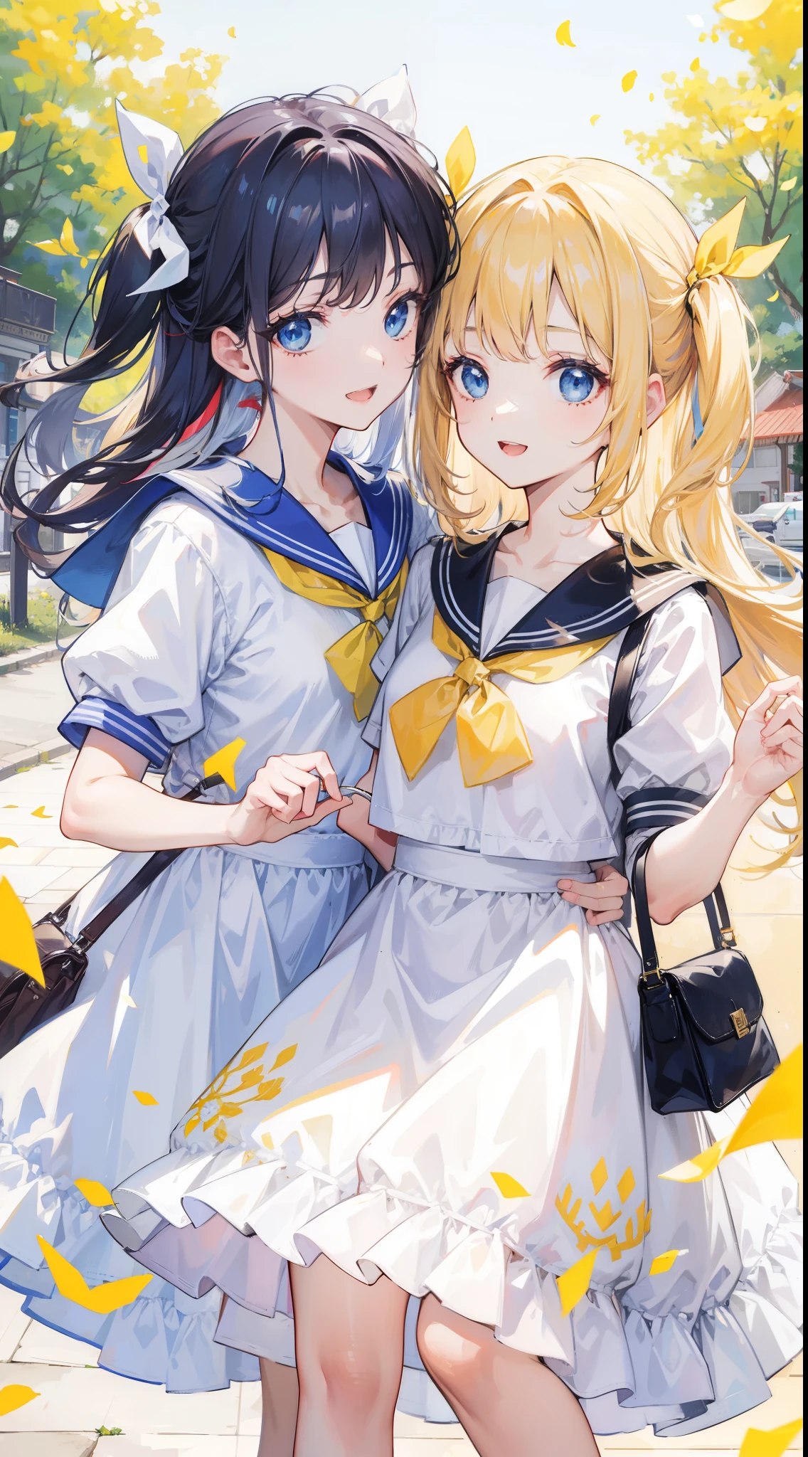 32k, ong hair, looking at viewer, smile, open mouth, bangs, blue eyes, multiple girls, blonde hair, dress, ribbon, holding, 2girls, hair ribbon, short sleeves, :d, food, sailor collar, bag, white dress, two side up, twins, yellow ribbon, macaron,