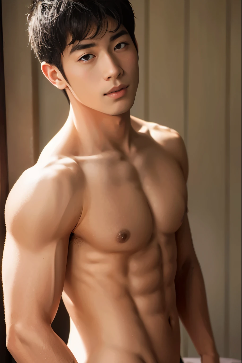 handsome Japanese guy, well-muscled, Upper body naked, wearing nothing, completely naked, 4K, hight resolution, smooth skin, finely detailed skin, TA-Q-BIN, bulge