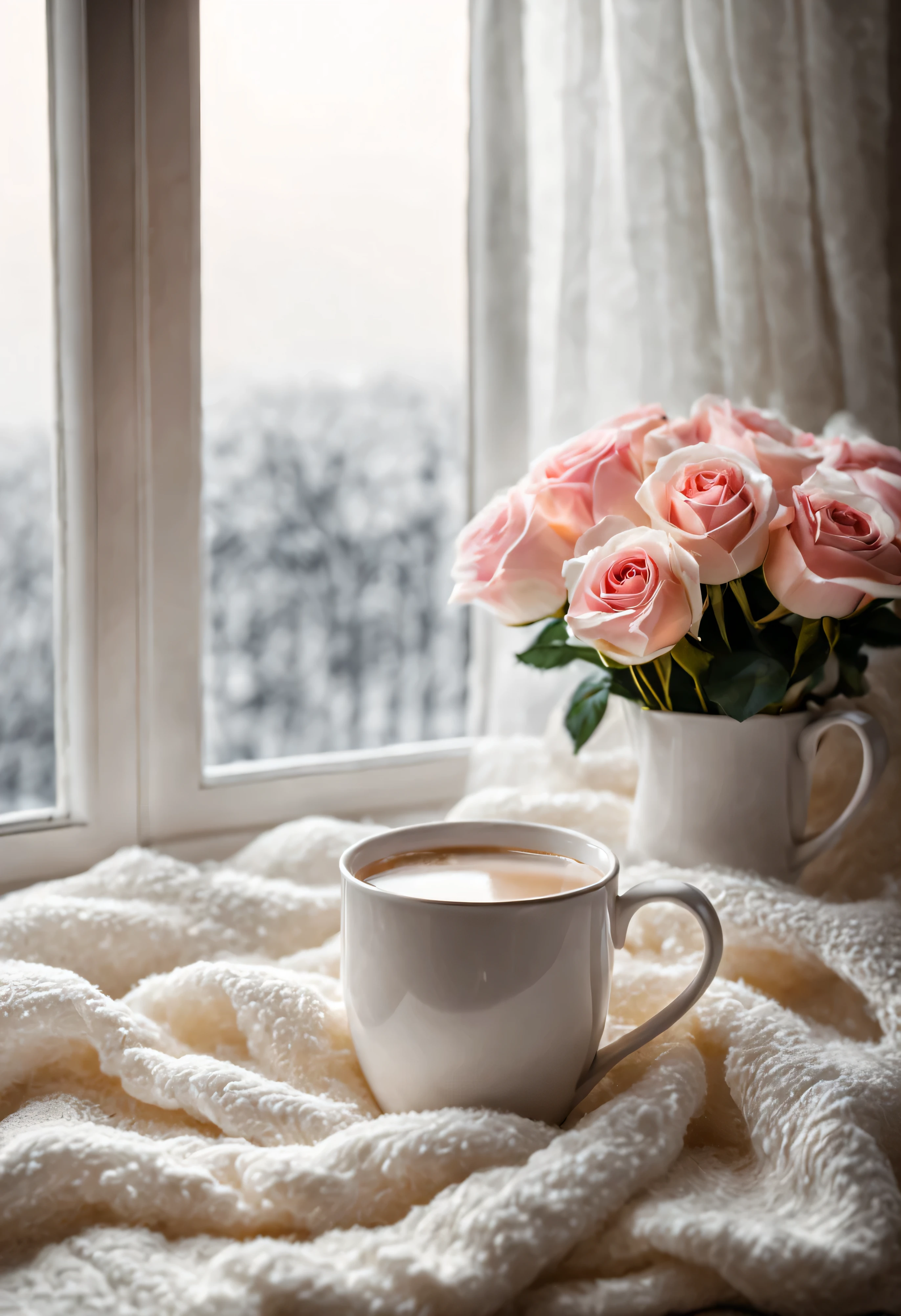 pink and white roses(The right half of the picture is laid flat).whole white scarf(Thick wool texture is obvious)white cup with lid.Cup 1/3.Show scarf.The cup is steaming.Window background with white transparent window, simple background.Comfortable and elegant, cup hot drink, Relax, feeling of happiness, soft moonlight.night light (best quality), (super detailed), (Best Best Illustration),(Best light and shadow)romantic atmosphere.high quality.upscale