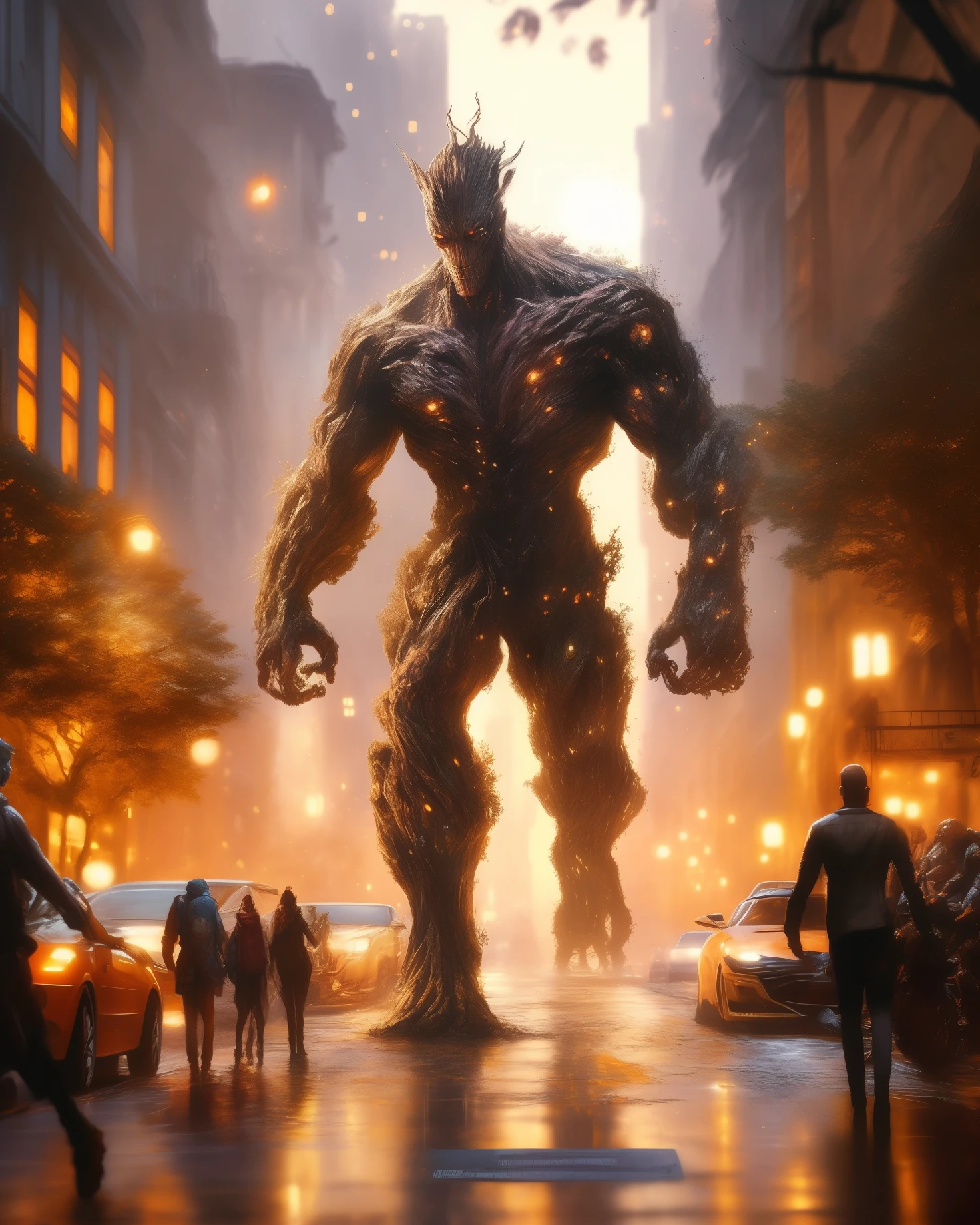 a close up of a person walking on a city street, marvel concept art, groot, trending on artstation.', trending on artstation:3, trending on artstation 4k, best of artstation, trending on cgsociety art, trending artstation, by Jeremy Chong, trending in artstation, mutants roaming in the evening, by James Gurney
