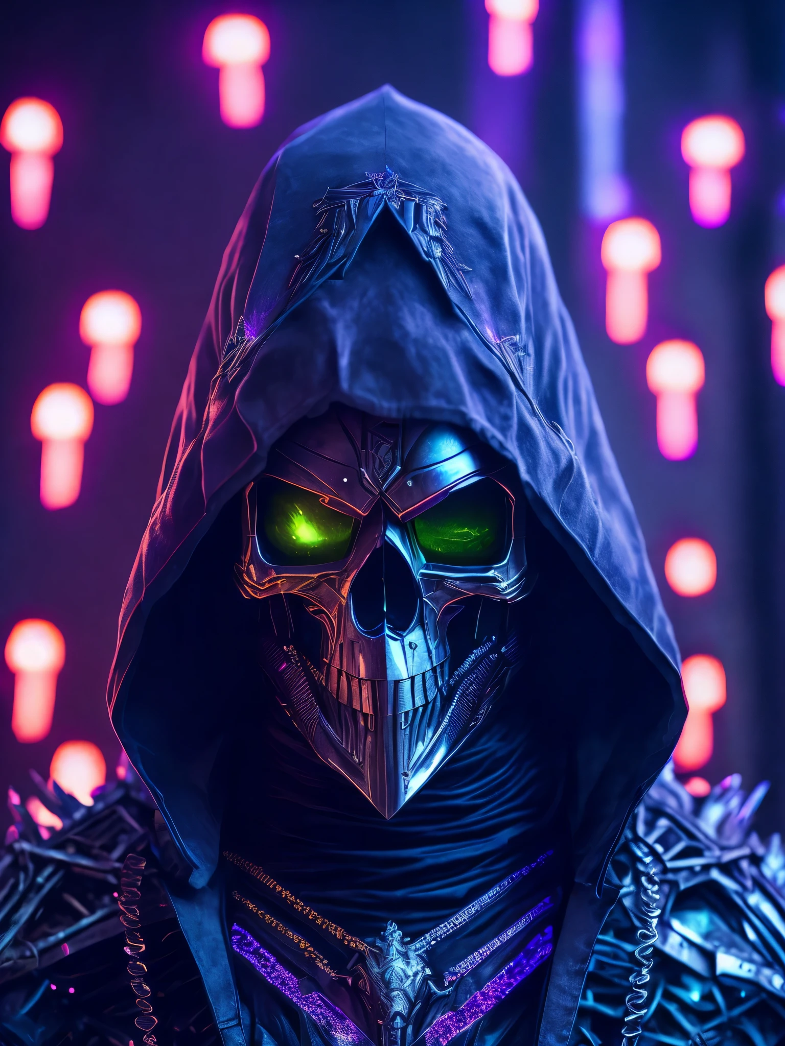  Reaper portrait from Marvel dressed as metal-skull with intricate angular cybernetic implants inside a brutalist building, gothic brutalist graveyard, cyberpunk, Foto premiada, Bokeh, Neon lights, cybernetic, fireworks in the background.