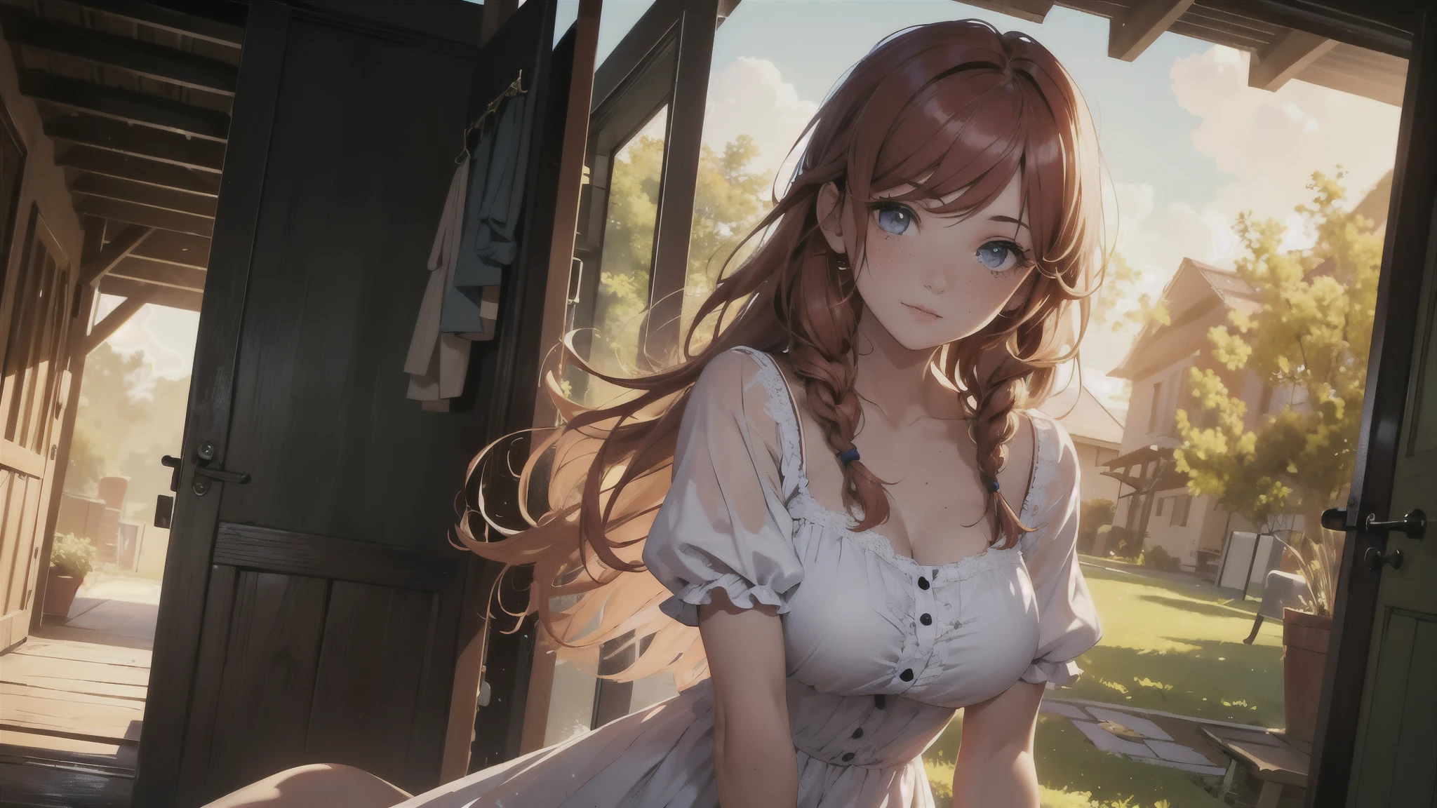 ((masterpiece,best quality,ultra detailed,ultra high res,detailed country yard background)), soft realistic focus, dynamic shadows, realistic image, vibrant colors,light leaks,dreamy atmosphere,chiaroscuro,BREAK
experimental charm, The girl is depicted in full growth, you see the girl from head to toe, nostalgic appeal, country girlfriend, she take you with yourself, simple open short dress, soft mischievous smile, freckles, shiny light red hair, she will take your hand, thick braids, And you, you changed my life but now you gone
In my heart you were the one
But now, now your gone