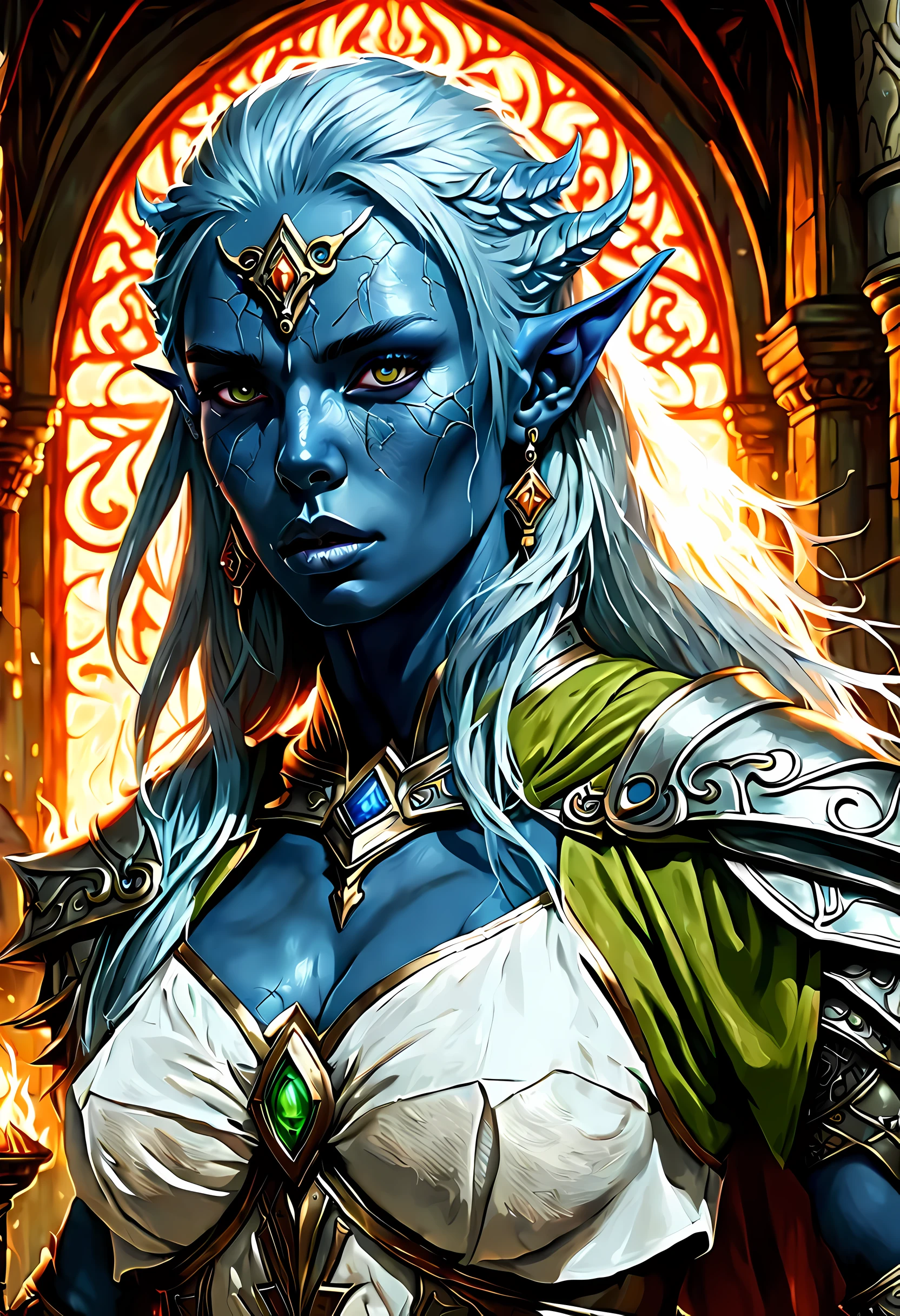 fantasy art, dnd art, RPG art, portrait, (masterpiece: 1.4) a (portrait: 1.3) intense details, highly detailed, photorealistic, best quality, highres, portrait a female (fantasy art, Masterpiece, best quality: 1.3) ((blue skin: 1.5)), intense details facial details, exquisite beauty, (fantasy art, Masterpiece, best quality) cleric, (blue: 1.3) skinned female, white hair, long hair, (hair hides ears: 1.5), (green: 1.3) eye, fantasy art, Masterpiece, best quality) armed a fiery sword red fire, wearing heavy (white: 1.3) half plate mail armor, wearing high heeled laced boots, wearing an(orange :1.3) cloak, wearing glowing holy symbol GlowingRunes_yellow, within fantasy temple background, reflection light, high details, best quality, 16k, [ultra detailed], masterpiece, best quality, (extremely detailed), close up, photorealistic, RAW, fantasy art, dnd art, fantasy art, realistic art,((best quality)), ((masterpiece)), (detailed), perfect face,