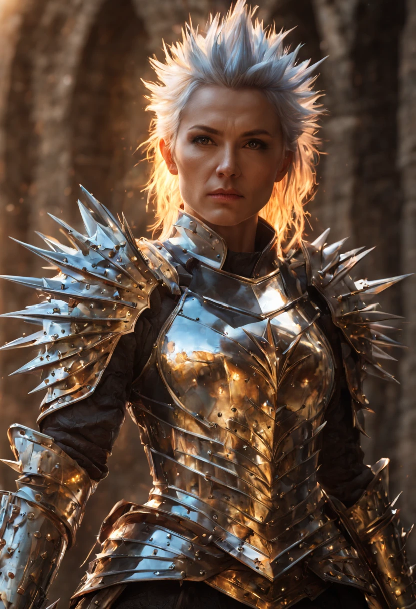 (a beautiful woman, woman spiky armor, spikes, medieval, fantasy, shiny reflective metal, dynamic pose, holding weapon, silver hair, 40 years old),ultra-detailed,highres,photorealistic,concept artists, vibrant colors, warm-toned lighting