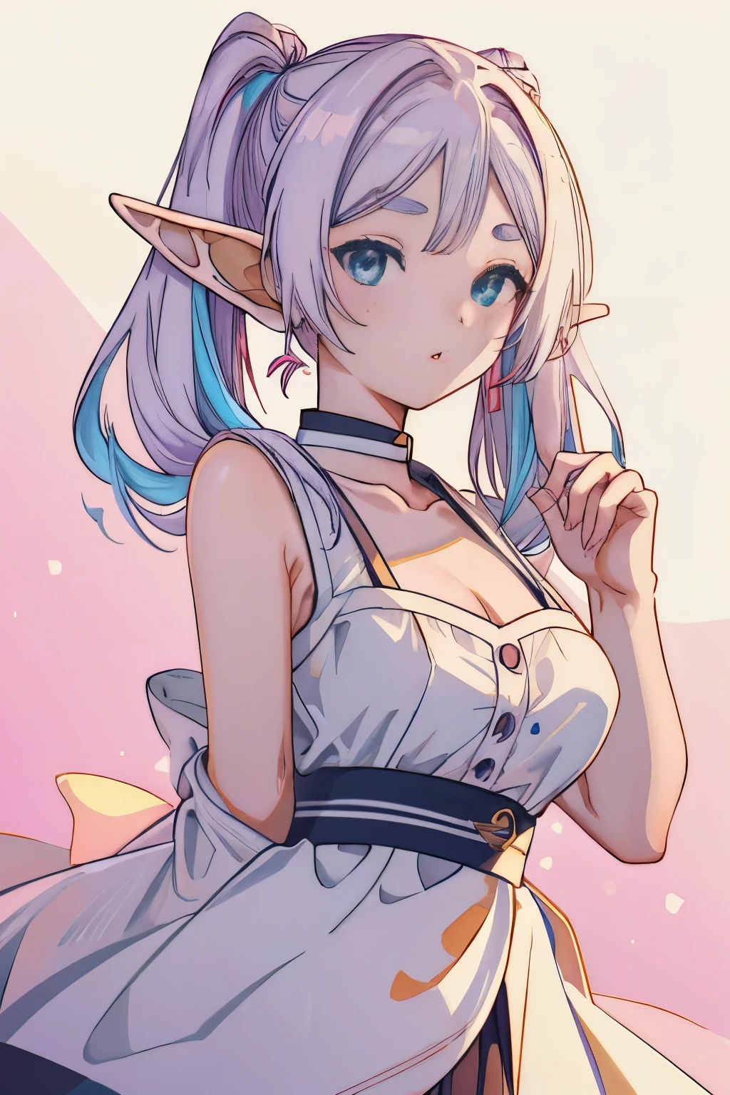 Very cute sister，(Large Breasts:2)，Card issuance，Perfect body，(Long purple-gray hair)，(Blue-green eyes)，High Detail，high quality，(White sleeveless shirt:1.5)，(Exposing breasts:1)，(red plaid skirt:1.3)，Shy，(There are small braids on both sides)，Fine finger detailing,,detailed eyes, detaield hands, detailed face, elf woman, full body
