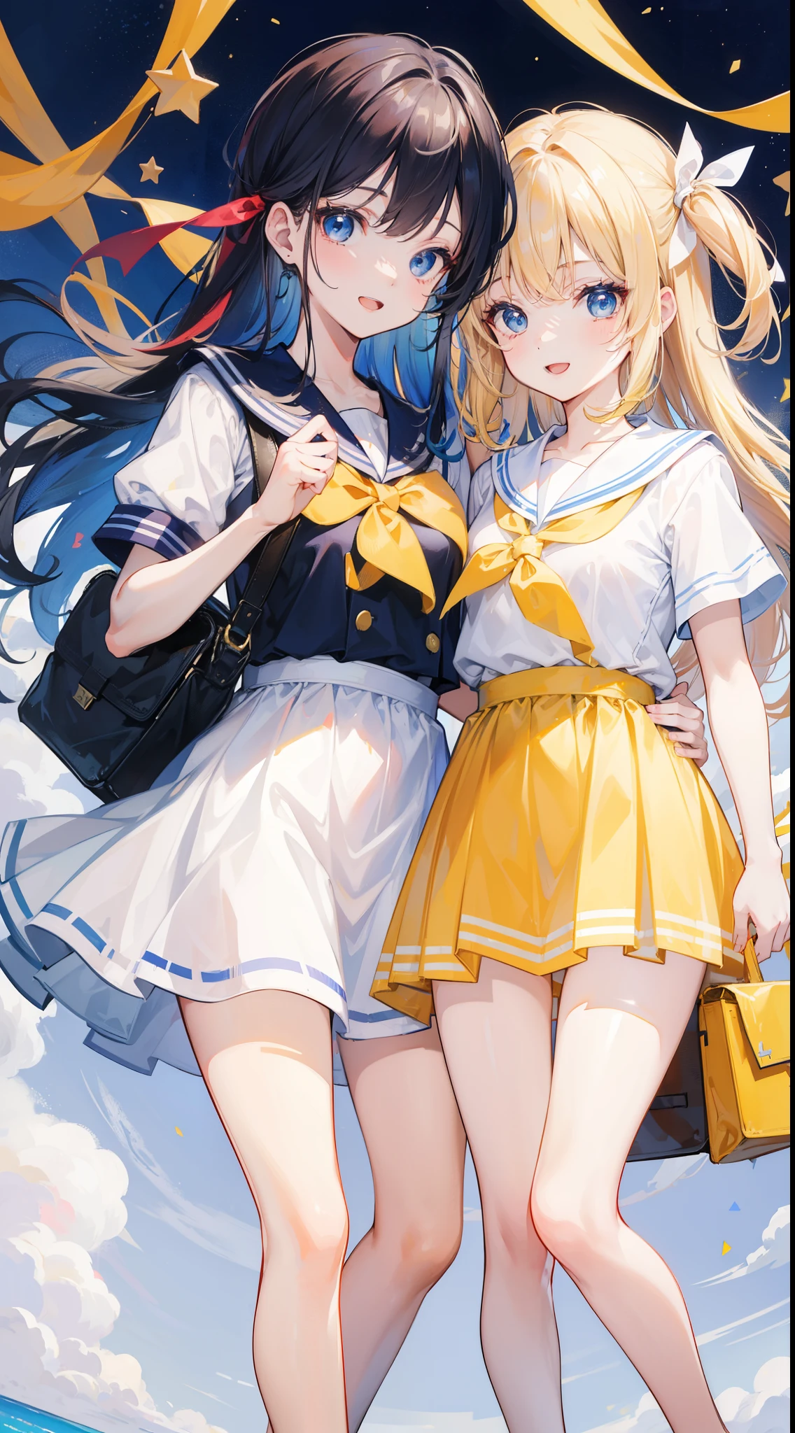32k, ong hair, looking at viewer, smile, open mouth, bangs, blue eyes, multiple girls, blonde hair, dress, ribbon, holding, 2girls, hair ribbon, short sleeves, :d, food, sailor collar, bag, white dress, two side up, twins, yellow ribbon, macaron,