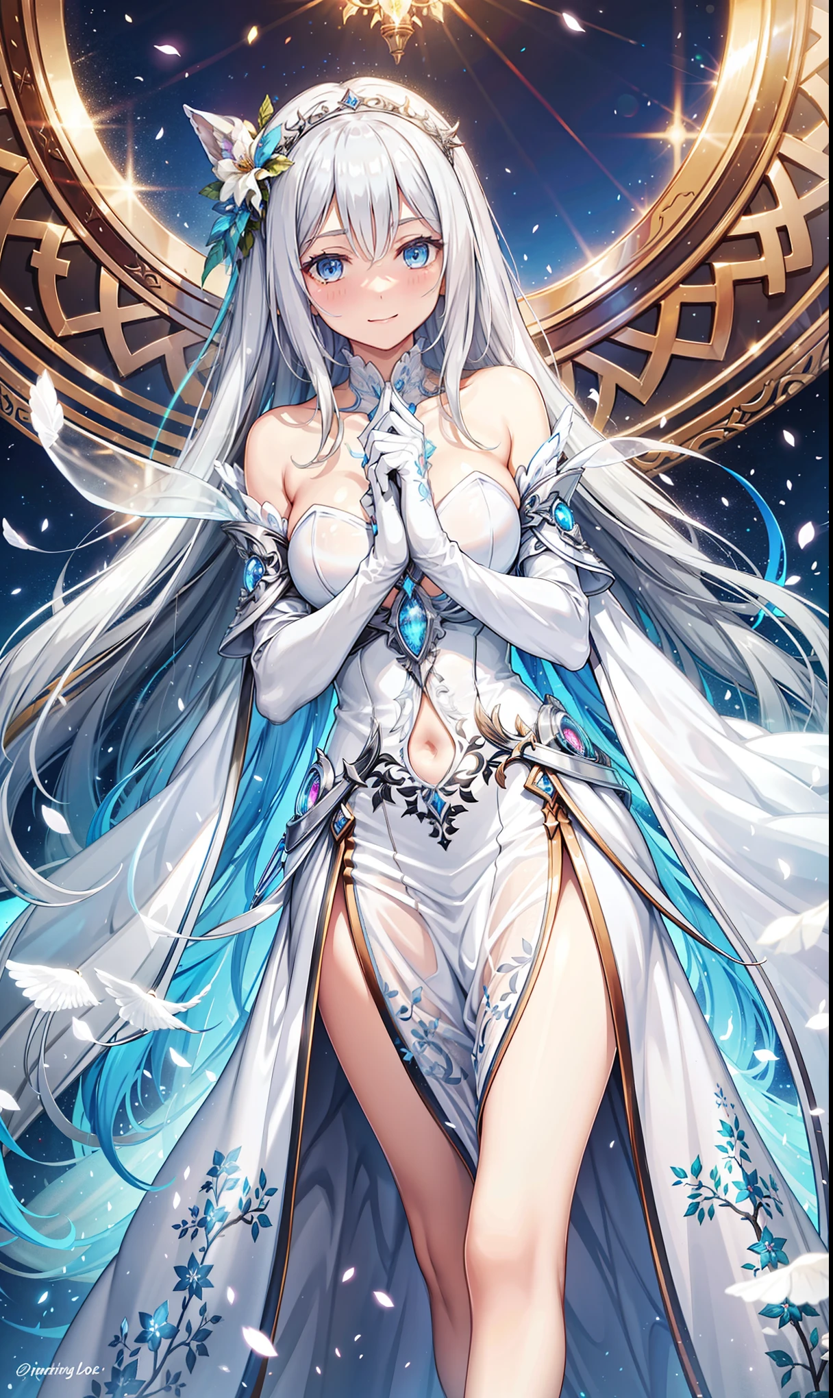 saints,Elegant and charming,enchanted,Being in love,(Fantasy world transparent white dress),black gloves,silver hair,Smile,blue eyes,see through transparent clothes,Exquisite hair accessories,Transparent lace,Sky blue pattern,Light stripes,dress nicely,indoor,night,Carved suspender boots,Super super details,holy mist,light particles,Fixed fingers