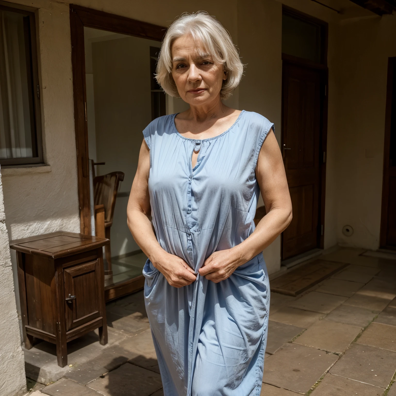 Young looking old lady aged around 65, short height, old, beautiful, large , slim, full body photo, beautiul