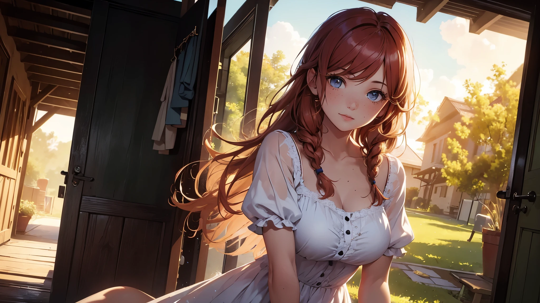 ((masterpiece,best quality,ultra detailed,ultra high res,detailed country yard background)), soft realistic focus, dynamic shadows, realistic image, vibrant colors,light leaks,dreamy atmosphere,chiaroscuro,BREAK
experimental charm, The girl is depicted in full growth, you see the girl from head to toe, nostalgic appeal, country girlfriend, she take you with yourself, simple open short dress, soft mischievous smile, freckles, shiny light red hair, she will take your hand, thick braids, And you, you changed my life but now you gone
In my heart you were the one
But now, now your gone