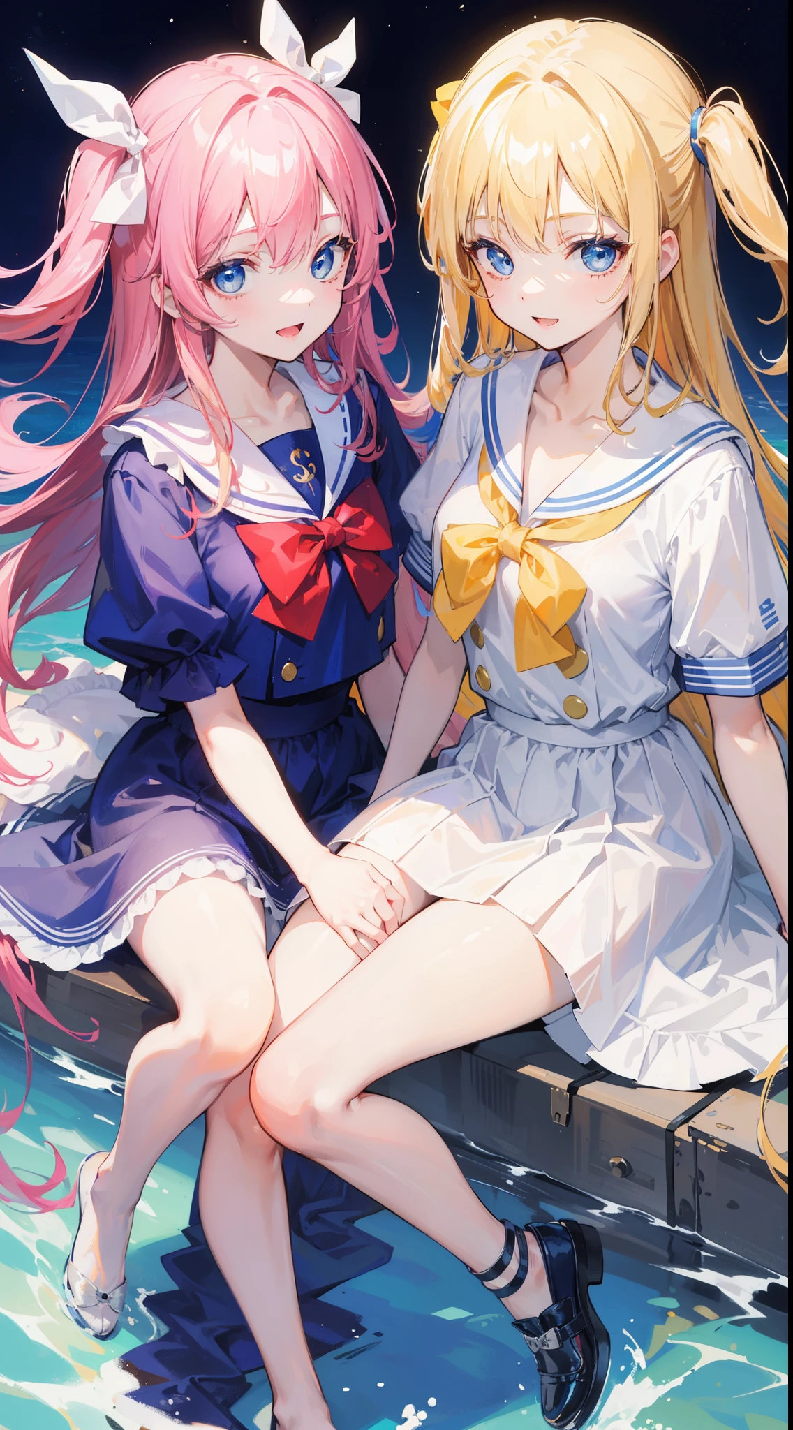 32k, ong hair, looking at viewer, smile, open mouth, bangs, blue eyes, multiple girls, blonde hair, dress, ribbon, holding, 2girls, hair ribbon, short sleeves, :d, food, sailor collar, bag, white dress, two side up, twins, yellow ribbon, macaron,