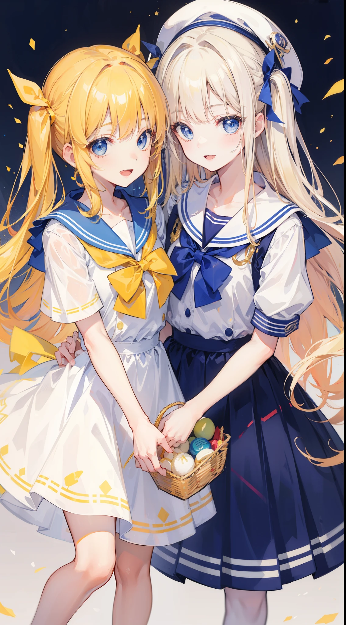 32k, ong hair, looking at viewer, smile, open mouth, bangs, blue eyes, multiple girls, blonde hair, dress, ribbon, holding, 2girls, hair ribbon, short sleeves, :d, food, sailor collar, bag, white dress, two side up, twins, yellow ribbon, macaron,