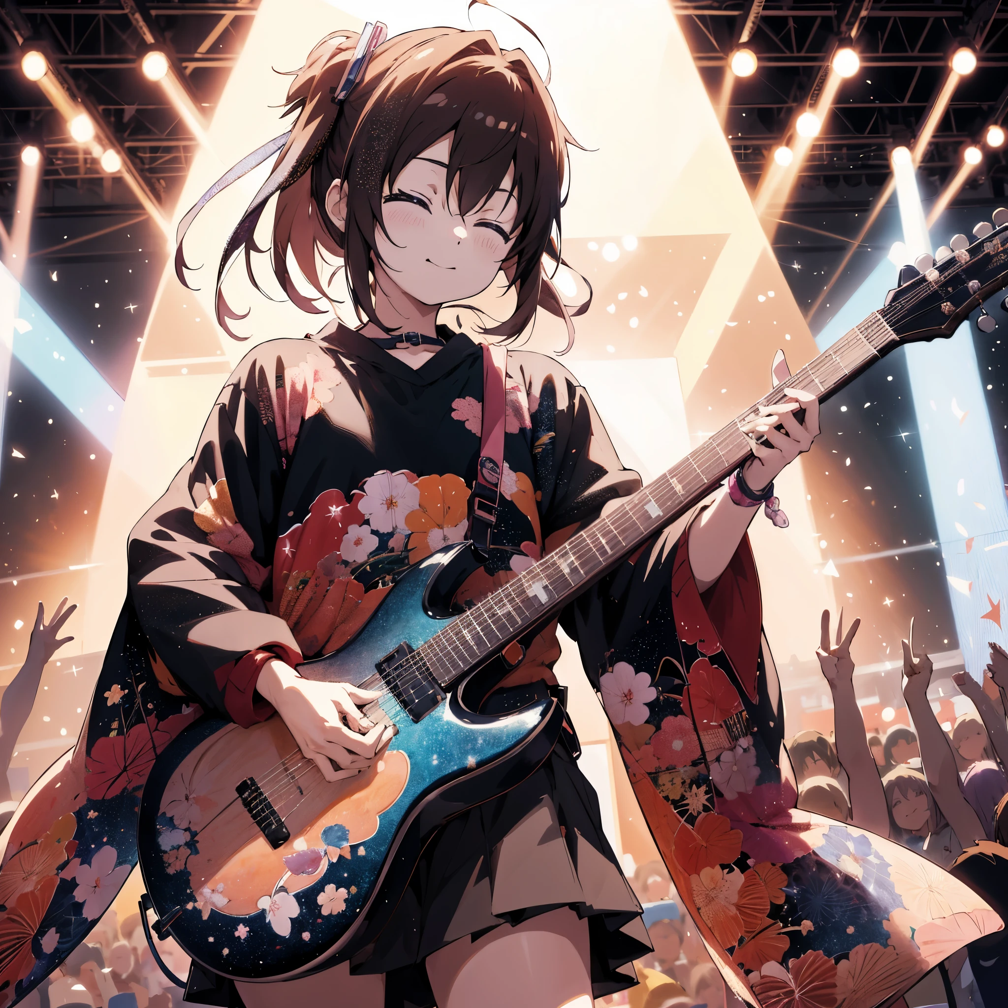 Anime girl with a guitar in front of a crowd of people, anime style 4k, anime art wallpaper 8k, anime art wallpaper 4k, anime art wallpaper 4k, pixiv contest winner, Nightcore, Best Anime 4K Kona-chan Wallpaper, lockout, anime wallpaper 4k, anime wallpaper 4k, anime style illustration, anime atmosphere