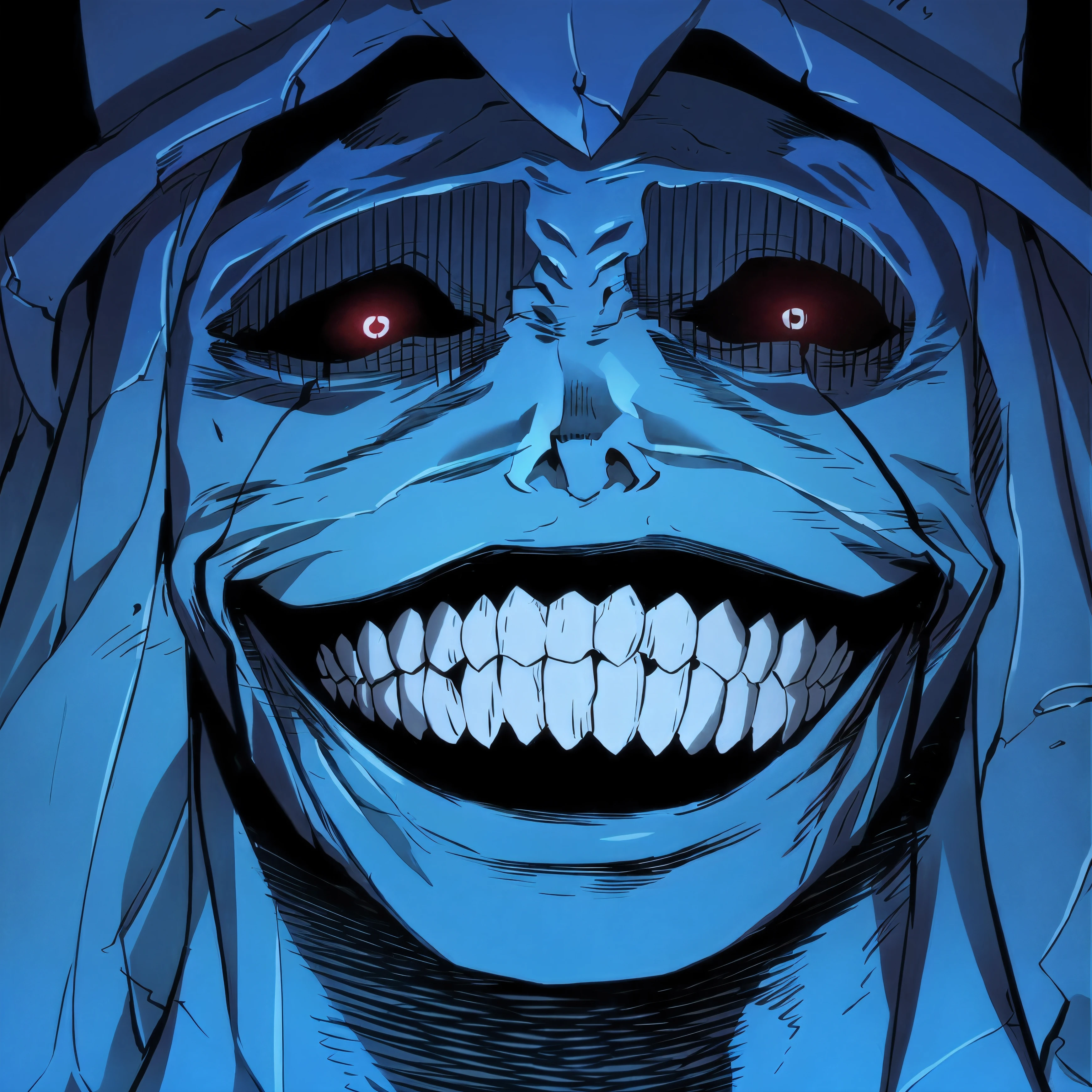 a close up of a cartoon character with a creepy face, evil smile and glowing eyes, evil grin, wide evil grin, horror smile, malevolent smile, scary smile, evil villain grin, horrifying grin. horror, grinning sinisterly, wicked smile, wicked grin, evil smile, slasher smile, glowing-eyes-and-mouth