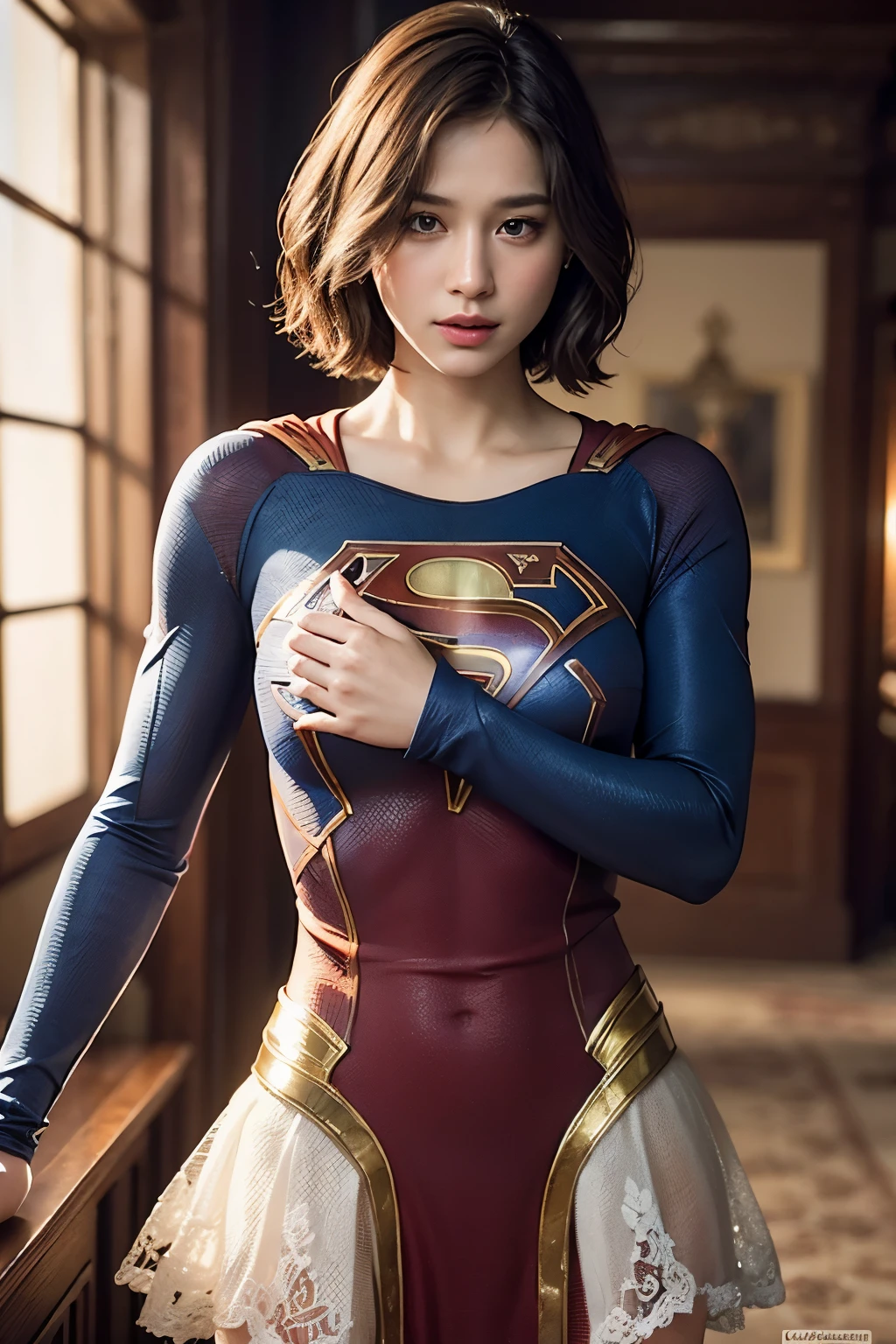 best quality, realistic, photorealistic, award-winning illustration, (intricate details: 1.2), (delicate detail), (intricate details), (cinematic light, Supergirl with extremely sexy short hair