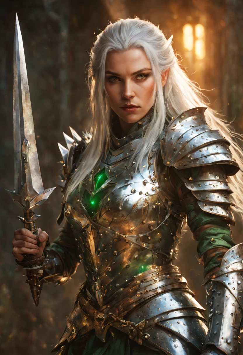(a beautiful woman, woman spiky armor, spikes, medieval, fantasy, shiny reflective metal, dynamic pose, holding weapon, long silver hair, green eyes, 40 years old),ultra-detailed,highres,photorealistic,concept artists, vibrant colors, warm-toned lighting