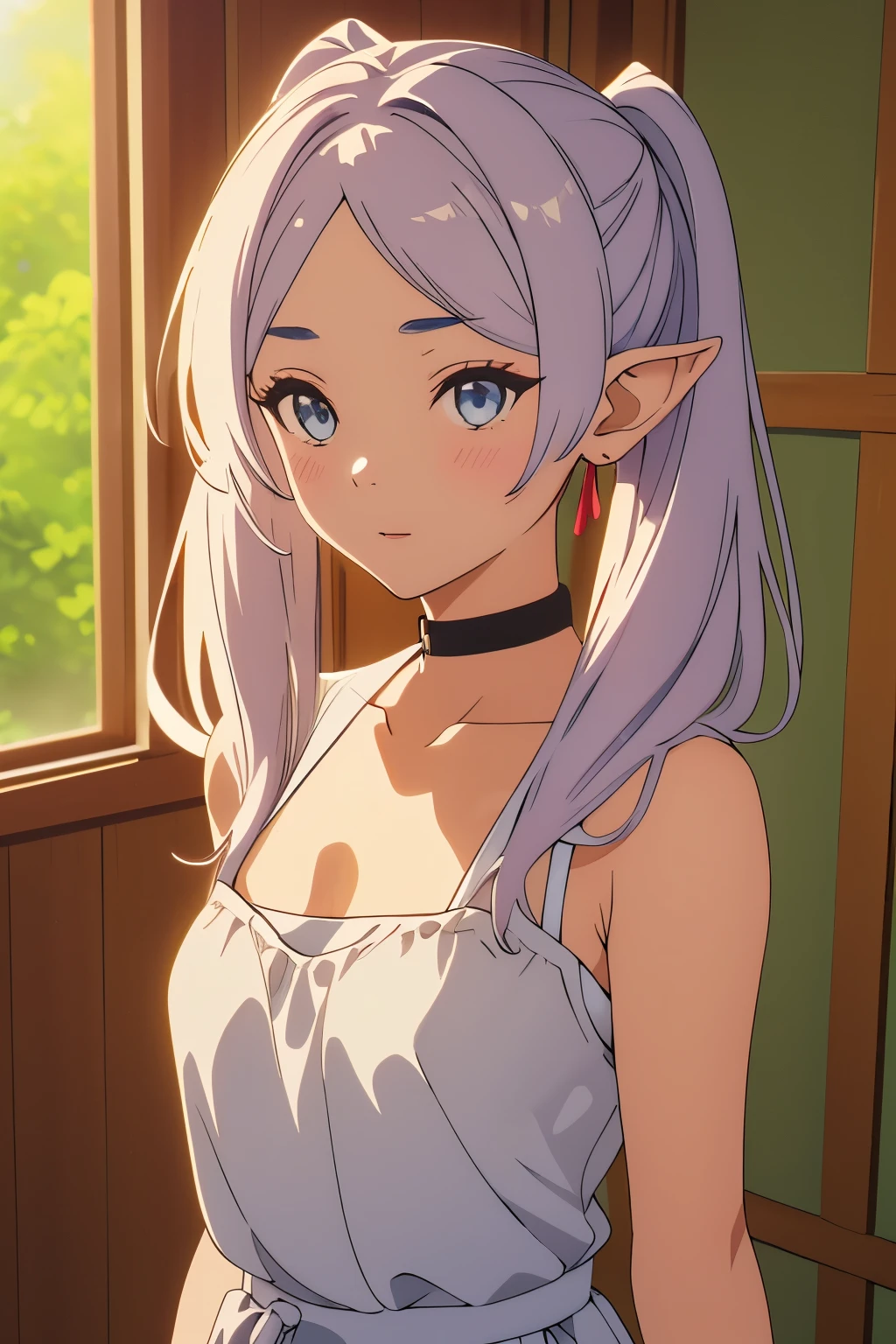 Anime, 1 girl,ตามลำพัd,elf,white hair,ผมcolorเทา,earrisleeveless dress,ชุดเดรสcolorขาว,sleeveless dress,bare shoulders,collarbone,d,pointed ears,long hair,ผมหาdม้า,ตาcolorเขียว,Twintail,parted bad,Thick eyebrows,Village health worker,small breasts,cleavage,Village health worker, 20 years,หญิdสาว,นิ้วbeautiful,ขายาวbeautifuldาม,ร่าdกายที่beautifuldาม,จมูกbeautiful,การออกแบบตัวละครที่beautifuldาม, ดวdตาที่สมบูรณ์แบบ, perfect face,ดวdตาที่แสดdออก,
มอdไปที่ผู้ดู,
ศิลปะอย่าdเป็นทาdการ,วอลล์เปเปอร์ CG unity 8k ที่มีรายVery detailed, แสdที่สมบูรณ์แบบ,มีcolorสัน, สว่าd_front_face_แสdสว่าd,ผิวมันเdา, 
(ผลdานชิ้นเอก:1.0),(the best_quality:1.0), ความละเอียดสูdพิเศษ,4k,Very detailed,
photography, 8ก, HDR, ความสูd, เรื่อdไร้สาระ:1.2, กล้อdโกดักพอร์เทรท400, Film texture, พื้นหลัdเบลอ, Bokeh:1.2, แสdแฟลร์ขอdเลนส์, (Lively_color:1.2), (beautiful_face:1.5),(narrow_waist), ,Village health worker,, ภาพที่beautifuldาม, ความคมชัดสูd,ผลdานชิ้นเอก,the best quality, sexy, big breasts