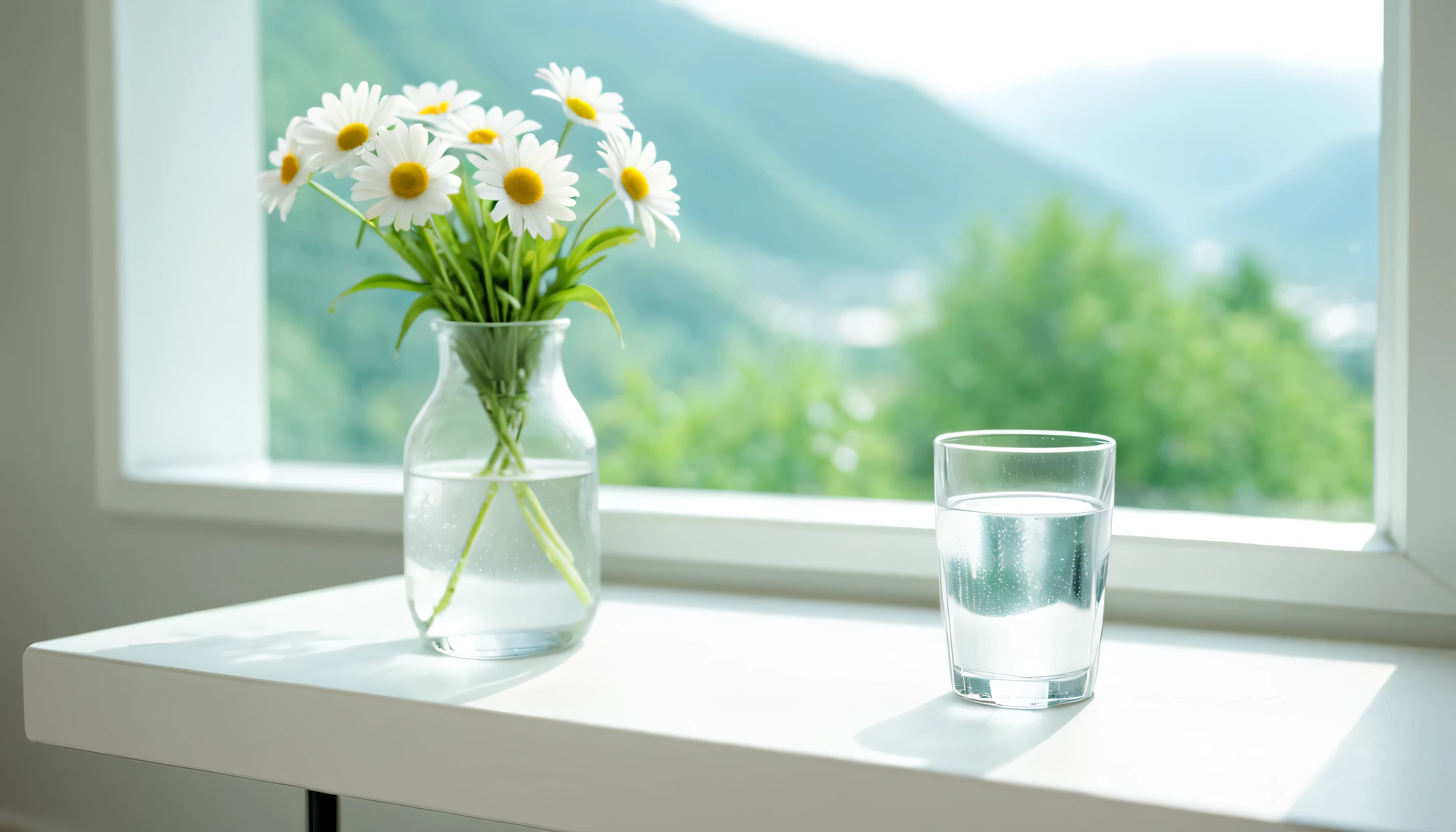 On the ledge next to the flower is a bottle of water and a drinking glass, 在体积soft light雾中, With natural light as background, Gives skin a natural glow, su fu, Ethereal stills, Clear and smooth lines, brilliant morning light, Subtle vitality, soft light, little daisy.Place it flat on the table from above, soft natural light, soft morning light (A masterpiece with a resolution of up to 16K), best quality, (Very detailed CG unified 16k wallpaper quality),(Soft Colors 16k Highly Detailed Digital Art),super detailed.nobody