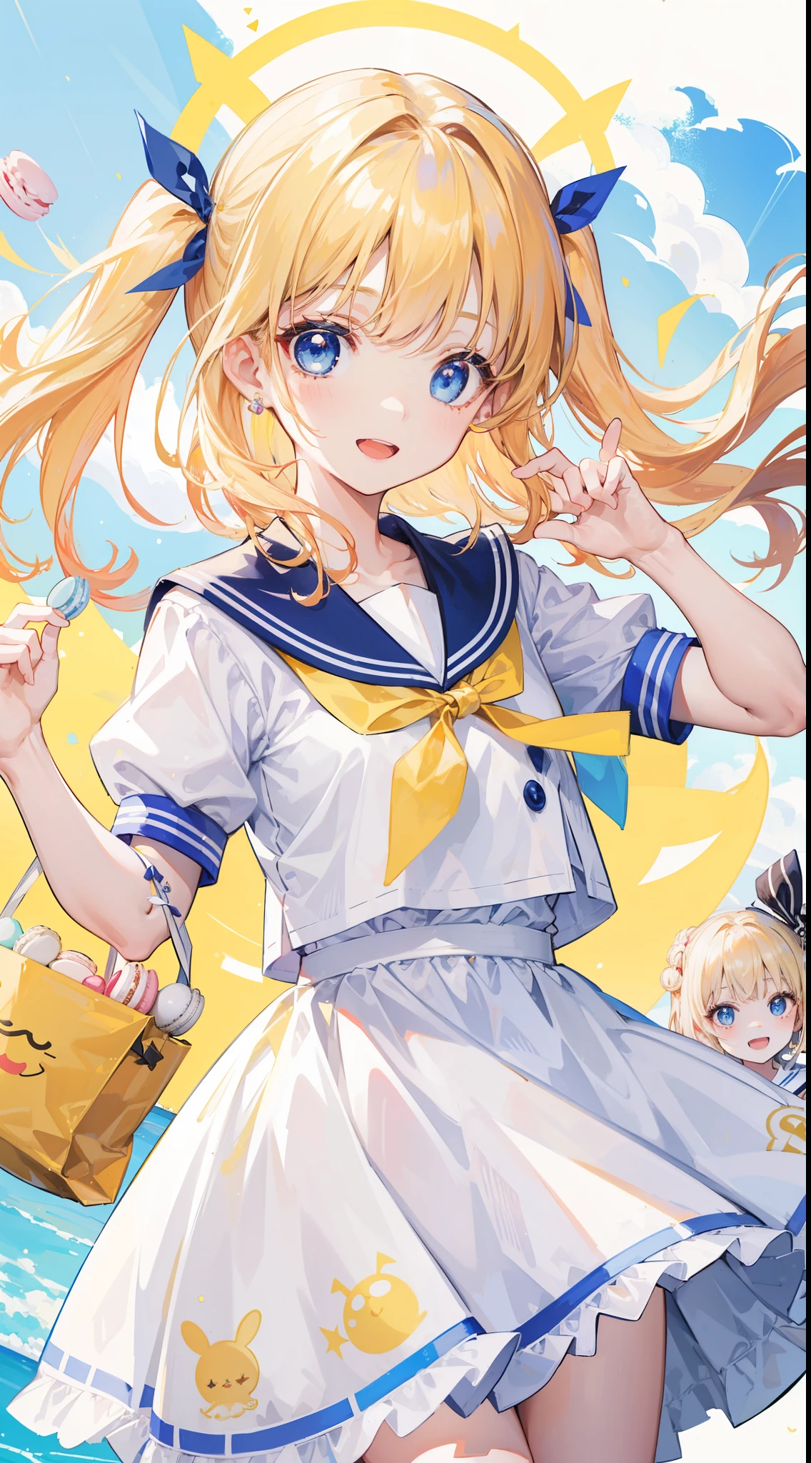 32k, ong hair, looking at viewer, smile, open mouth, bangs, blue eyes, multiple Children, blonde hair, dress, ribbon, holding, 2Children, hair ribbon, short sleeves, :d, food, sailor collar, bag, white dress, two side up, twins, yellow ribbon, macaron,