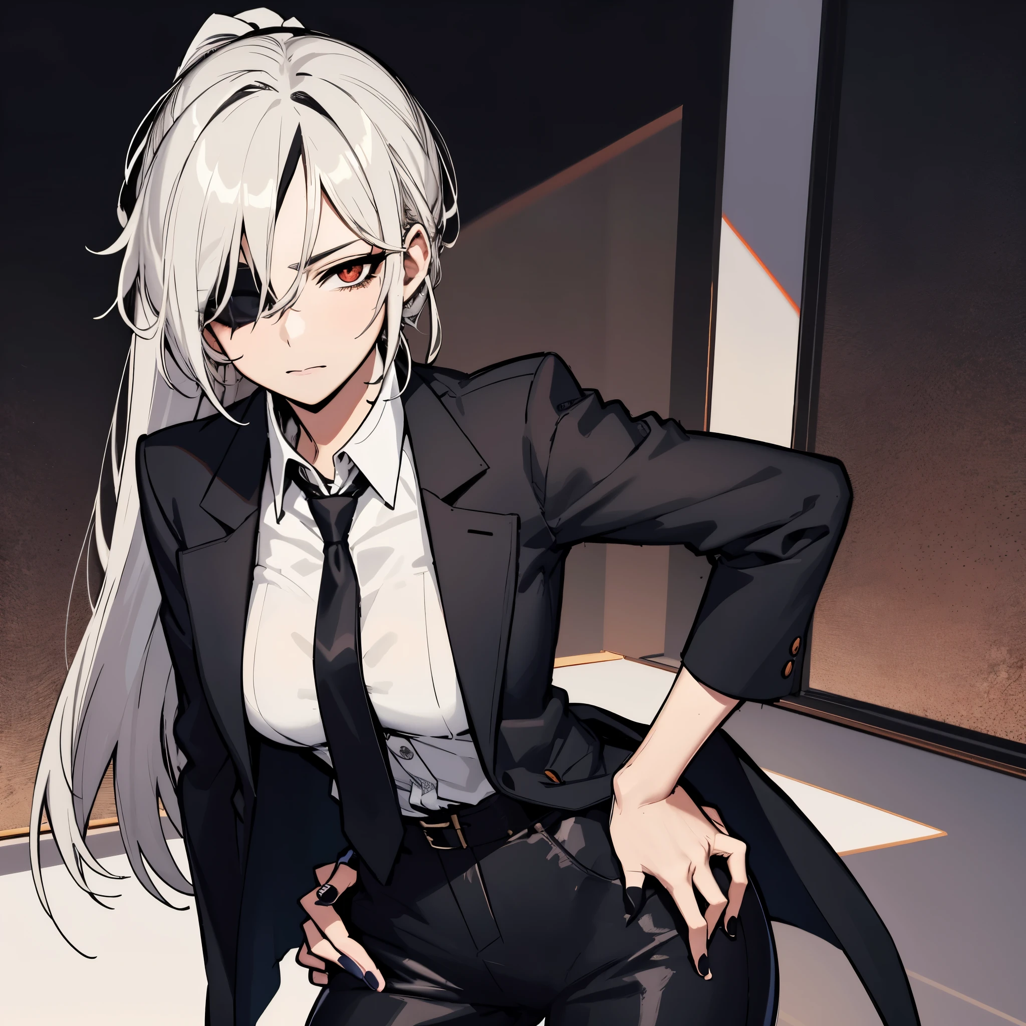 anime - imagem estilo de uma mulher de terno e gravata posando para uma foto, das meninas da linha de frente, em um terno rigoroso, em terno estrito, melhor papel de parede de anime 4k konachan, cabelos brancos, vestindo um terno formal, estilo de linha de frente de meninas, personagem feminina de anime, arte oficial do personagem, garota de terno, de cabelos brancos, kantai collection style