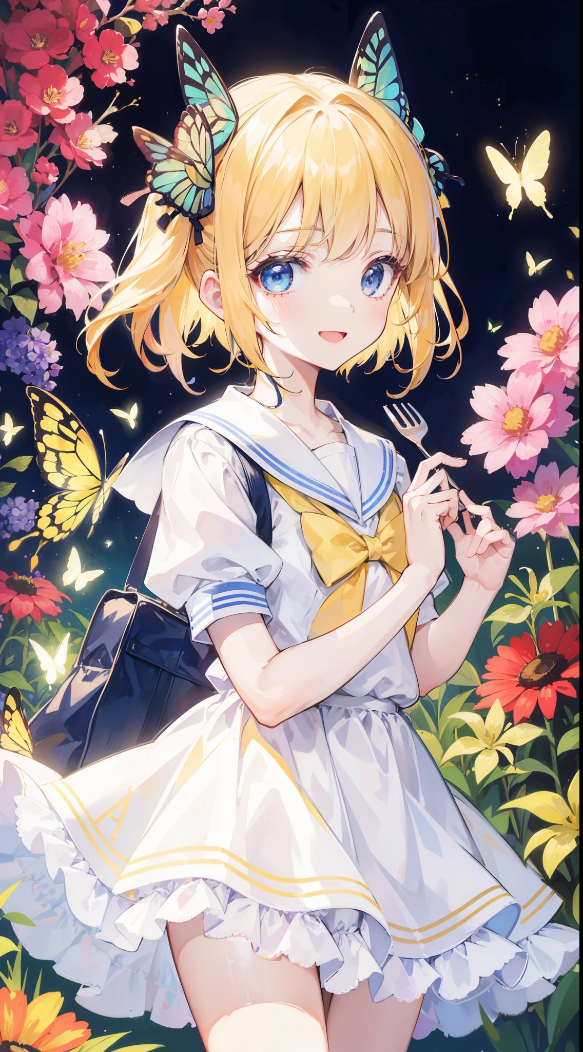 32k, (32k), (beautiful cute girl), (butterfly ornament), (butterfly dress), ((many butterflies)), (((background of many flowers
))), (((bright background))), (beautiful world), (cute world), smile, ong hair, looking at viewer, smile, open mouth, bangs, blue eyes, multiple Children, blonde hair, dress, ribbon, holding, 2Children, hair ribbon, short sleeves, :d, food, sailor collar, bag, white dress, two side up, twins, yellow ribbon, macaron,