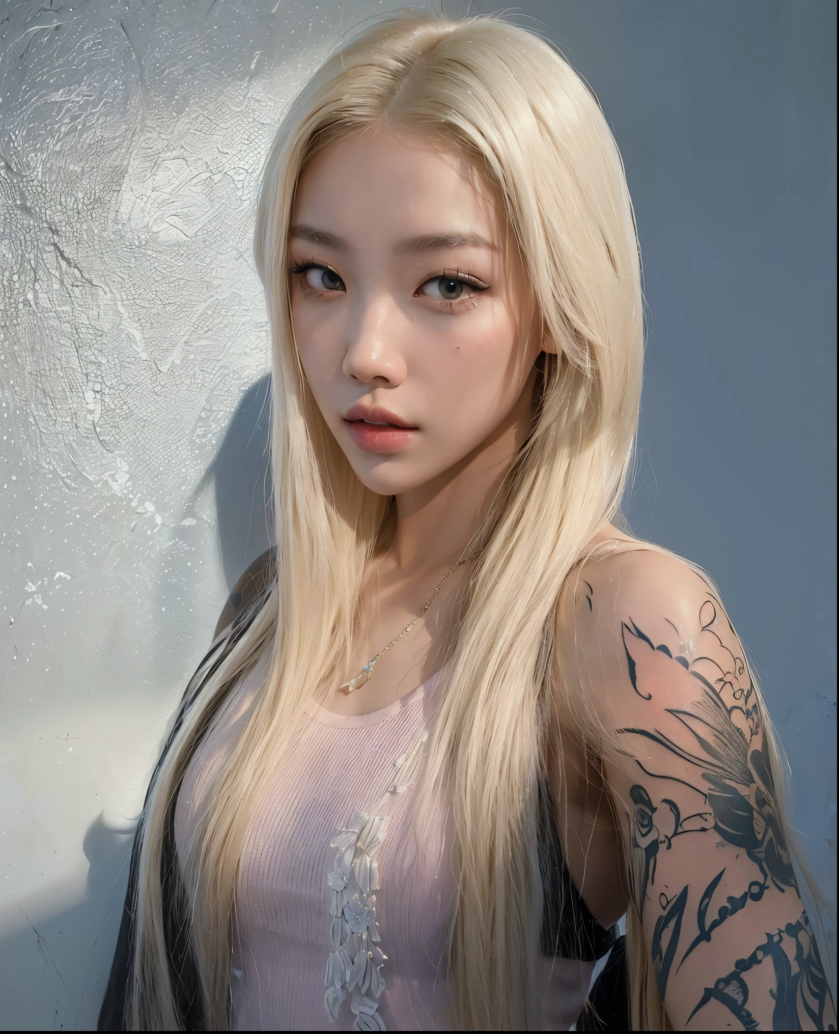 blond woman with tattoos posing for a picture in front of a wall, taken in the early 2020s, taejune kim, with white long hair, her hair is white, portrait of jossi of blackpink, her face looks like an orchid, with long white hair, roseanne park of blackpink, shikamimi, white hime cut hairstyle, cl, asian girl