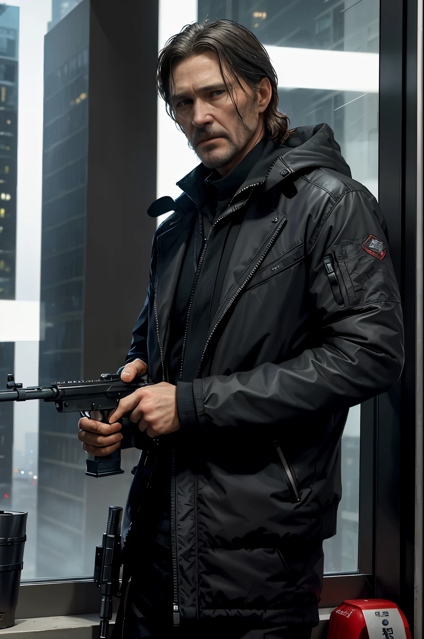In the heart of the city, under the cover of night, a cinematic scene unfolds. With a keen sense of tension, the camera zooms in on the figure of Willem Dafoe, a professional assassin, perched on the edge of a high-rise building. His steely gaze is fixed on his target: John Wick. In his hands, the Orsis T-5000 rifle, a weapon of precise and deadly accuracy, is poised and ready to strike.
Through the eyes of John Wick, now visible in a window across the way, the scene takes on an air of surreal realism. The camera zooms out from the window, revealing the intr