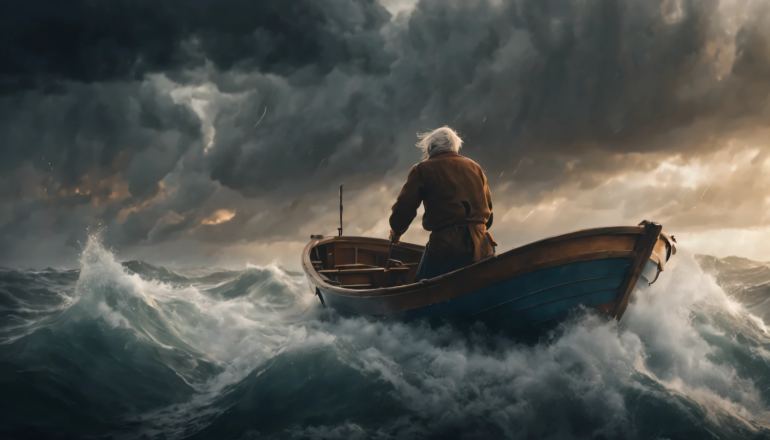 A man on a small boat fights a terrible storm. In epic style, epic storm, Cinematic, the old man and the sea masterpiece, 8K