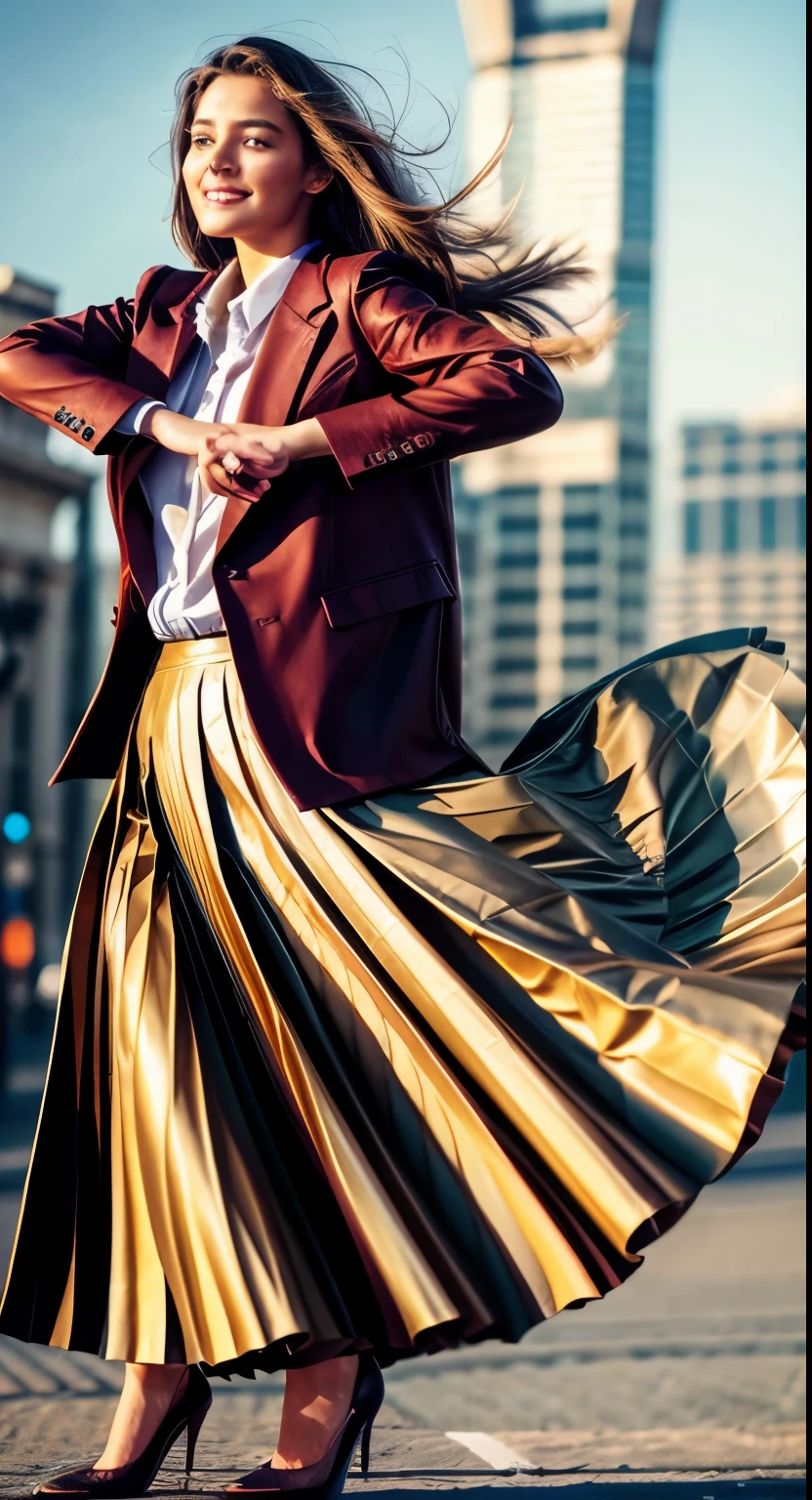 A smiling, authentic, (shy:1,3), kind, beautiful woman, is passionately in love with her skirt, while wind lifts her skirt, wearing short blazer and very very detailed (long (fully pleated) full circle skirt) and (low heeled court shoes), very very intricate hyper-detailed symmetric (attractive graceful young feminine face) with (sad, tired eyes and a loving smile), large breasts, full of empathy and compassion and love, (pronounced (feminine) features), (highly detailed ultra accurate realistic) hands and fingers, (windy), epic composition, highly detailed attributes, (35mm f1.4 Kodak portra 400 photograph), extremely high quality RAW photograph, highly detailed atmosphere, sci-fi, cinematic shot, dynamic lighting, 75mm, Technicolor, Panavision, cinemascope, sharp focus, fine details, 8k, HDR, realism, realistic, key visual, film still, superb cinematic color grading, depth of field