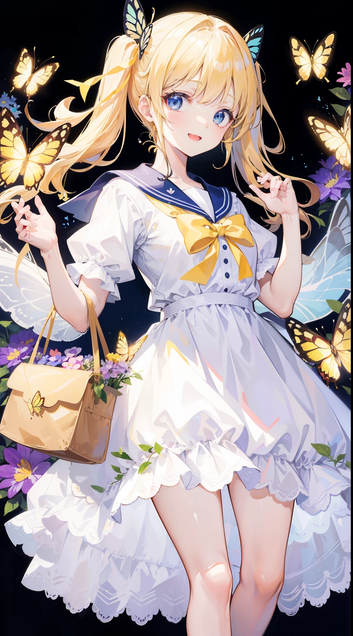 32k, (32k), (beautiful cute girl), (butterfly ornament), (butterfly dress), ((many butterflies)), (((background of many flowers
))), (((bright background))), (beautiful world), (cute world), smile, ong hair, looking at viewer, smile, open mouth, bangs, blue eyes, multiple Children, blonde hair, dress, ribbon, holding, 2Children, hair ribbon, short sleeves, :d, food, sailor collar, bag, white dress, two side up, twins, yellow ribbon, macaron,