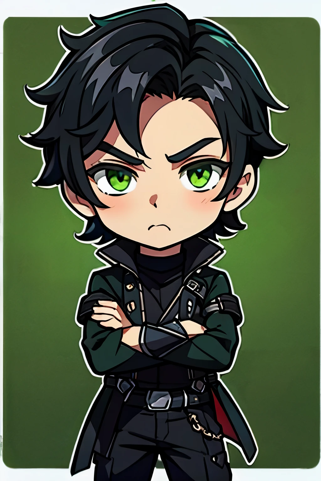 chibi Young man with black hair and green eyes pouting and crossing arms