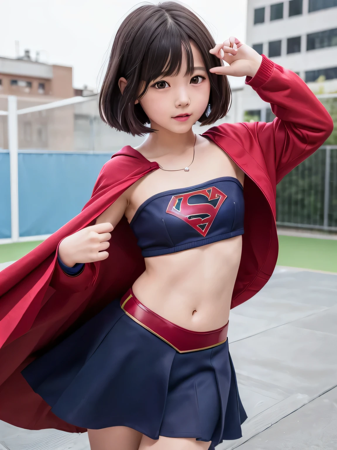A very elementary school student is wearing Supergirl clothes..、masterpiece、highest quality、Spreading black hair、bob cut with trimmed ends、(flat chest)、lolicon、red cloak、belly button、Glowing heart particles dance in the air、Rooftop background with pool、whole body、smile