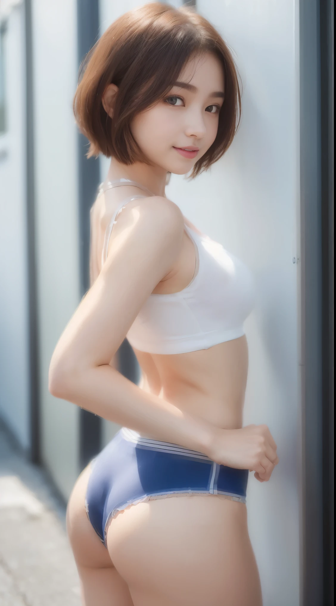 Pianfei、best quality、one example、Super fine、beautiful、high resolution、8k wallpaper、Perfect dynamic composition、(((Whole BodyEsbian)))、((from below))、beautiful girl of 20 years old、Detailed beautiful face、Eyes are delicate and cute、Delicate skin texture、cheeks flushed、Shy、(short hair:1.3)、(brown wavy hair)、small breasts、Bold and sexy pose、Smile、Track and field uniform,hot pants street、small breasts、、small ass、thin ass、Please generate it above the eaves.、thin shoulders、wear underwear、