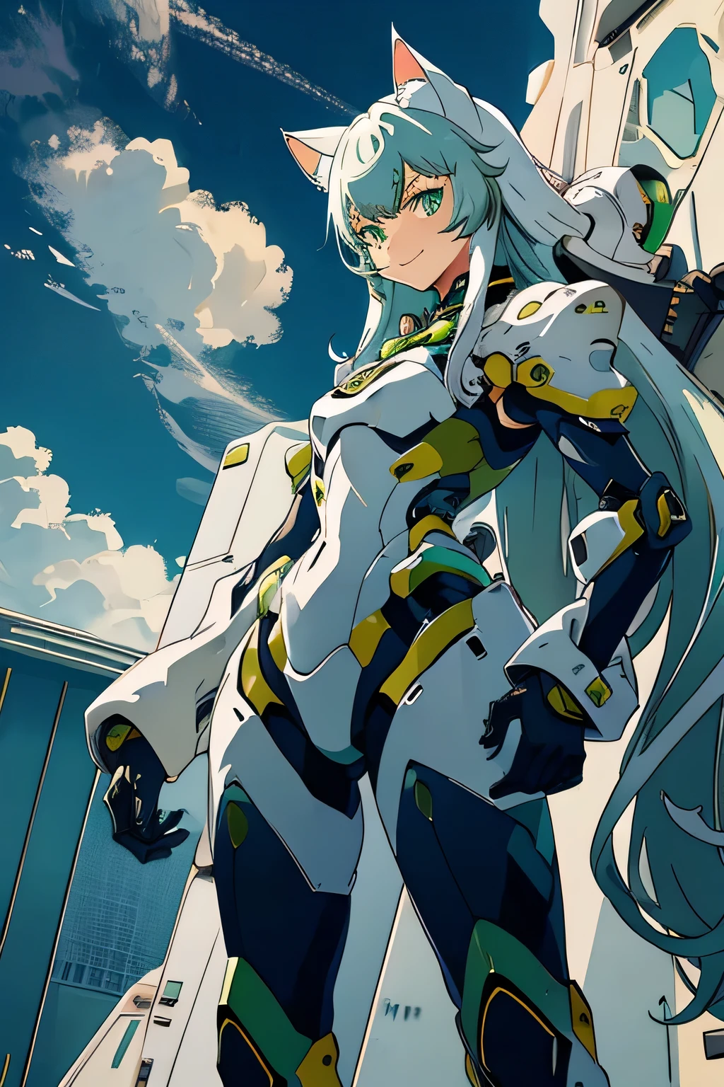 1 Cat-eared maid wearing a mecha suit, Slender fuselage,shining eyes, ((cool pointing pose)),camouflage, green and white body,((cat ears long hair)),battlefield concept art ,ink art, flat color, high contrast, fashion absurdity, highest quality, negative space,Against the background of blue sky and white clouds,With a big smile