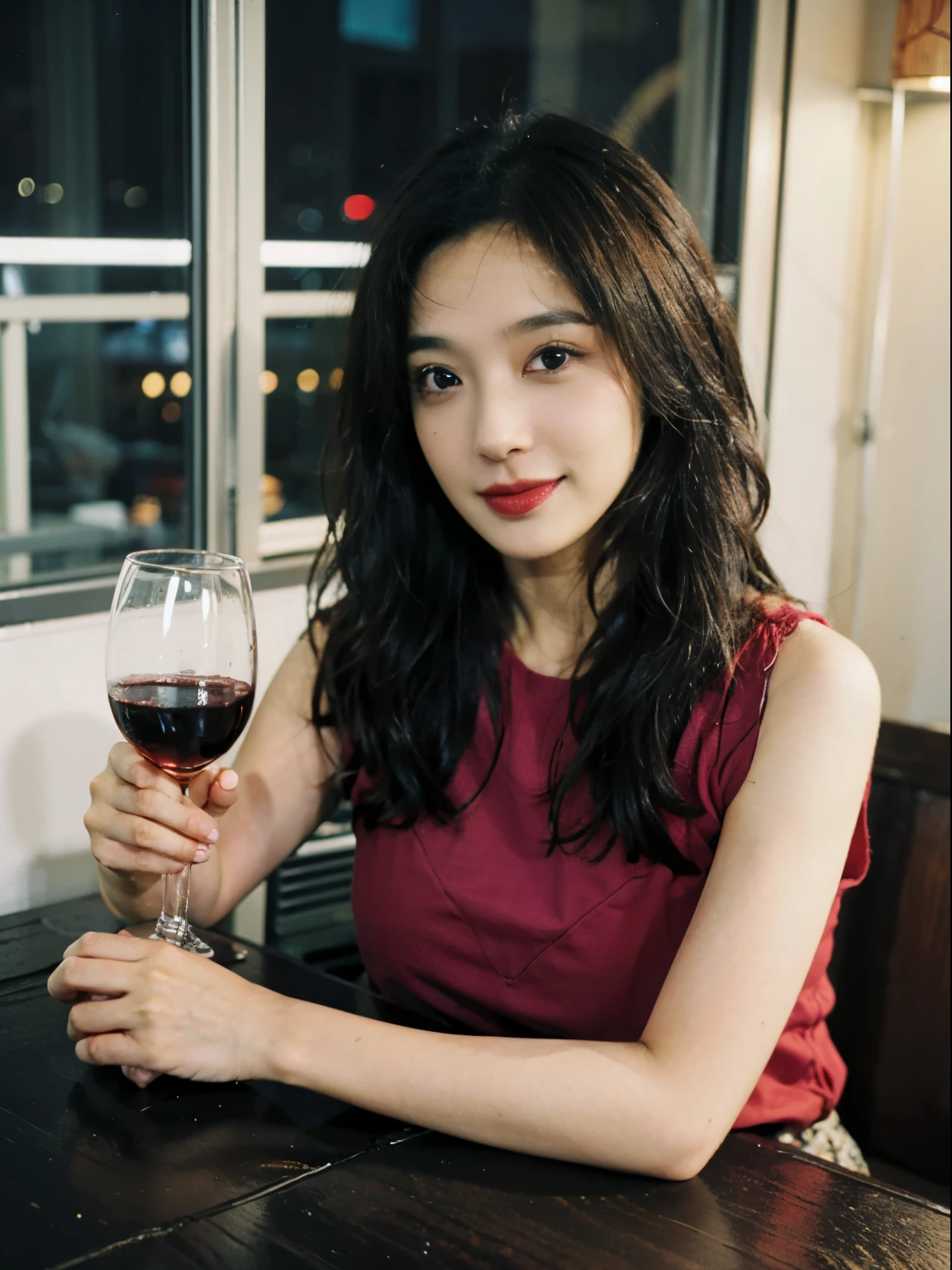 (K, ultra high definition, top quality, masterpiece: 1.2), (actual, photoactual: 1.37), depth of field, super detailed, beautiful malay woman, brown skin, 1 person, dark skin, (square face), (slim), (black hair), Long circle hair, naturally messy hair, (shortcut), Cheeks slightly red, (44 years old), 38 years old, alone, Beautiful and detailed sea view outside the window, at home, Wine glass sitting, night, NovaFrogStyle in a prominent place, actor, Model, above waist, Liquor, slim的, Red wine glass, Super Clean night View, Red wine glass Put in the Middle, Happy Smile, (Smile: 1.15), beautiful fine eyes, Upper body, beat japan, night, short, short, actor, Model, above waist, Liquor, slim的, Red wine glass, Super Clean night View, Red wine glass Put in the Middle, Happy Smile,